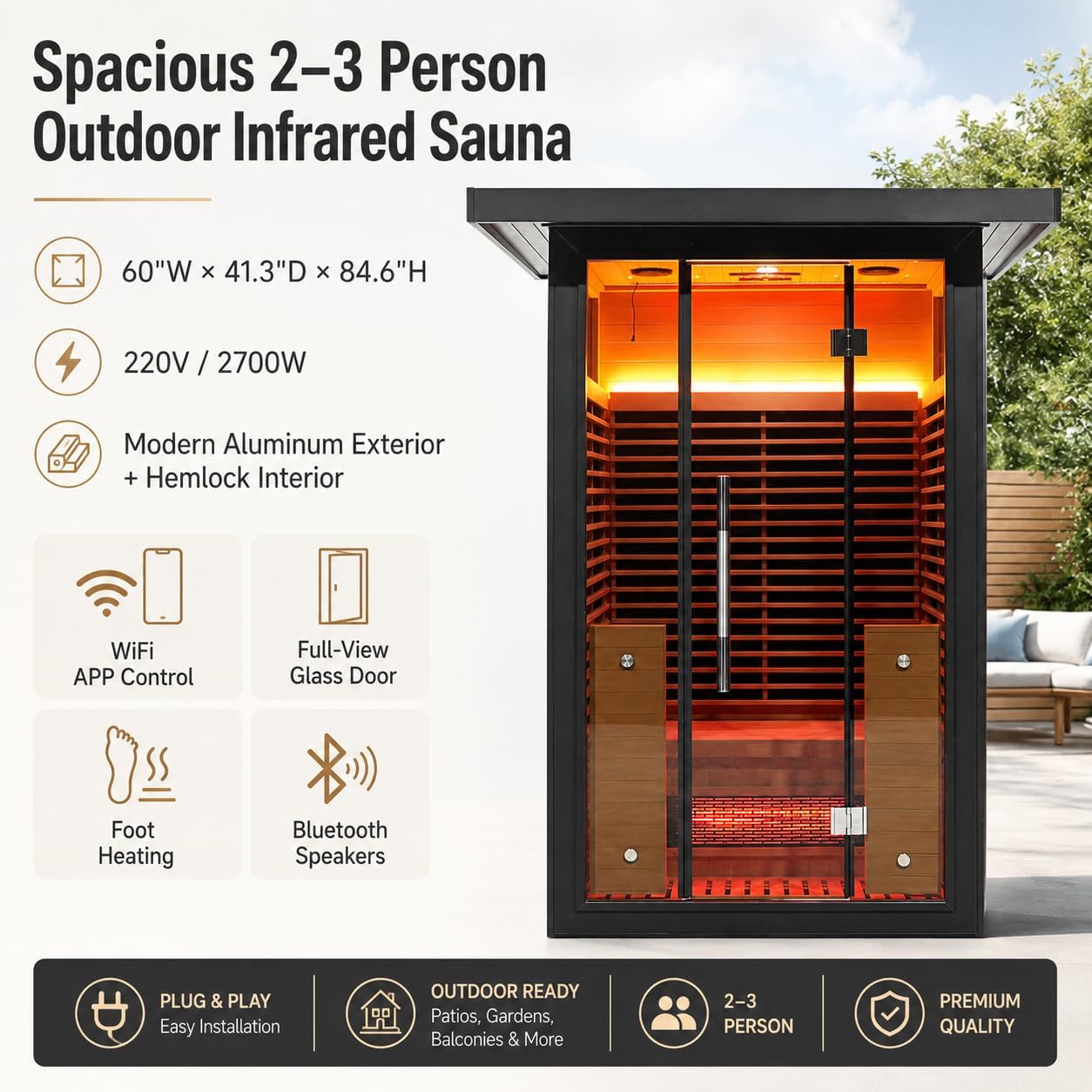 Infrared Sauna, 2-3 Person - 2700W, WiFi App Control, Black Aluminium Exterior