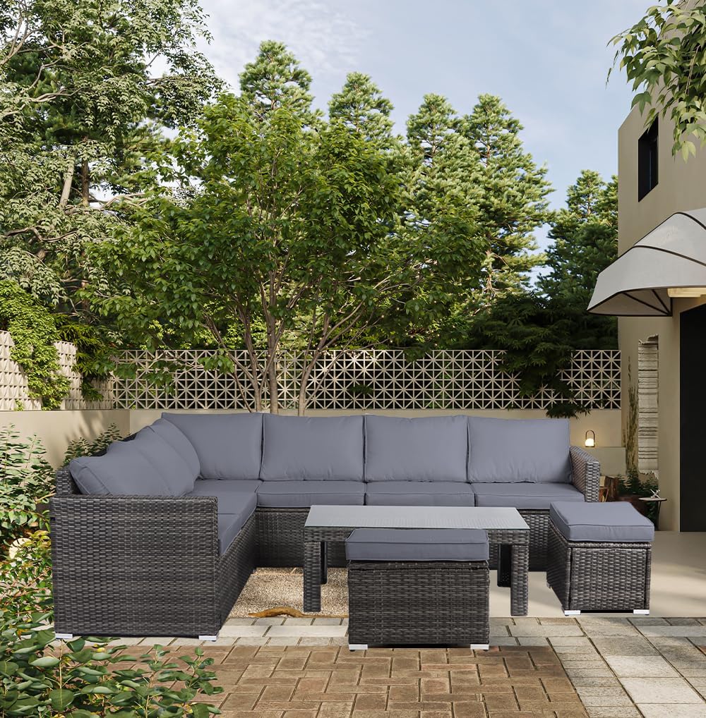 Panana Rattan Garden Sofa Set, 8-Seater - Coffee Table & Stool, Grey