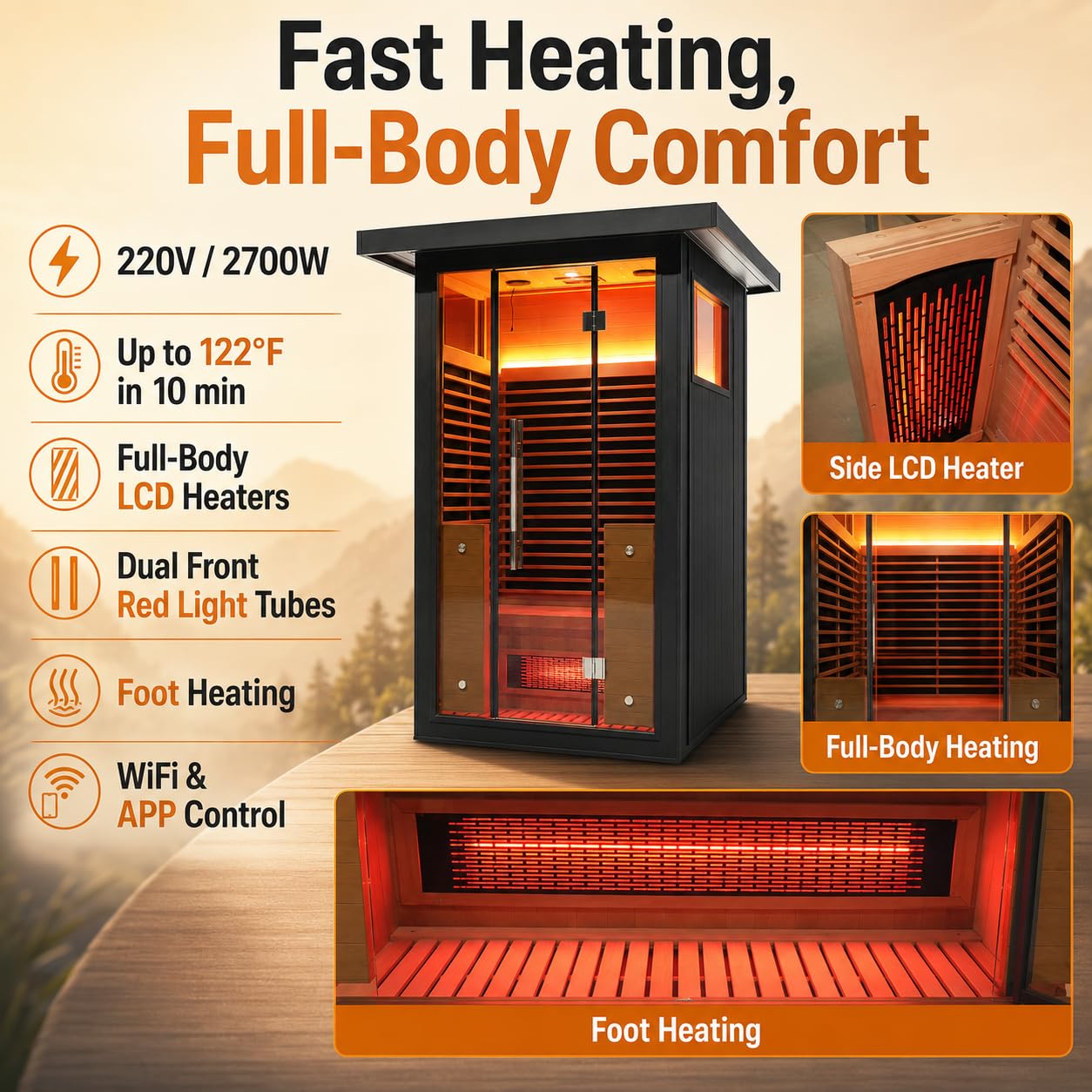 Infrared Sauna, 2-3 Person - 2700W, WiFi App Control, Black Aluminium Exterior