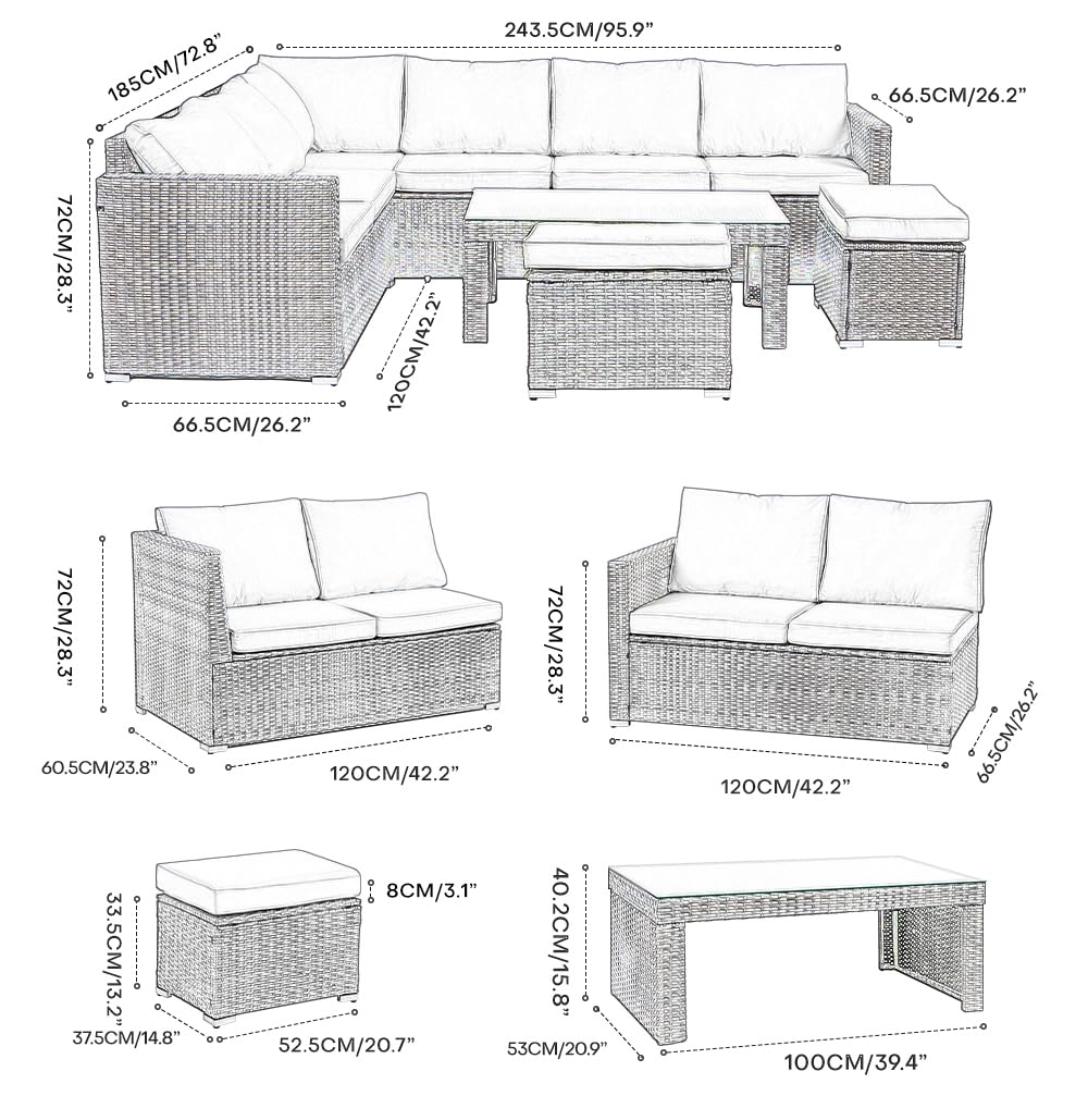 Panana Rattan Garden Sofa Set, 8-Seater - Coffee Table & Stool, Grey
