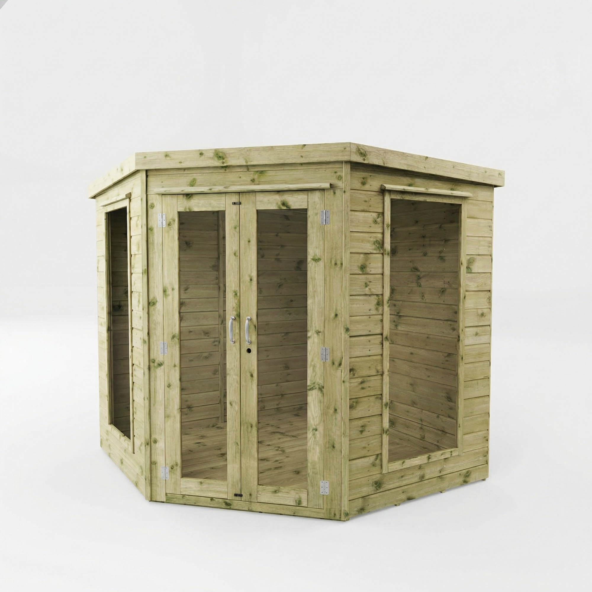 Waltons Wooden Corner Summerhouse - Shiplap Tongue & Groove, Flat Roof, Double Door, 8 x 8 ft