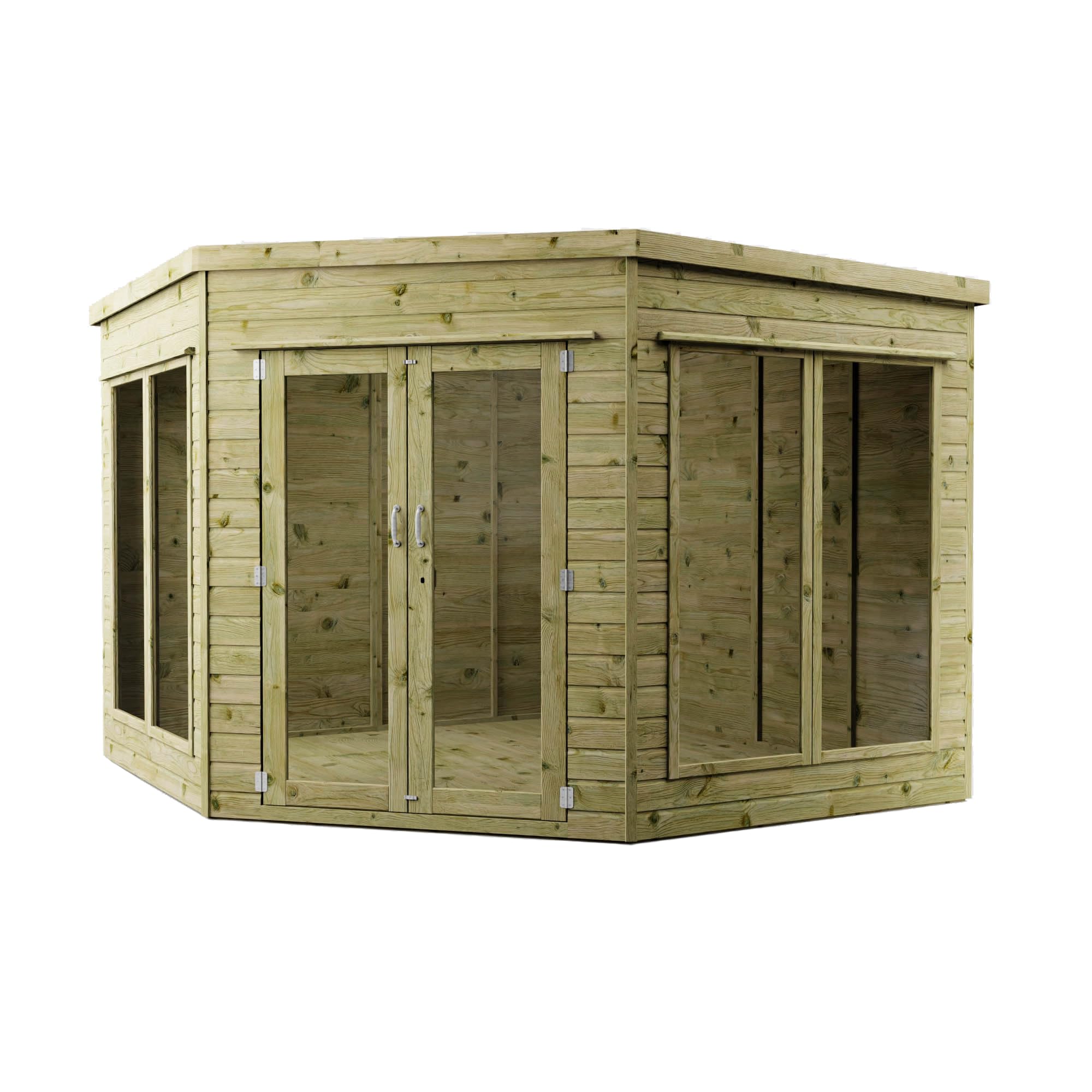 Waltons Wooden Corner Summerhouse - Shiplap Tongue & Groove, Flat Roof, Double Door, 8 x 8 ft