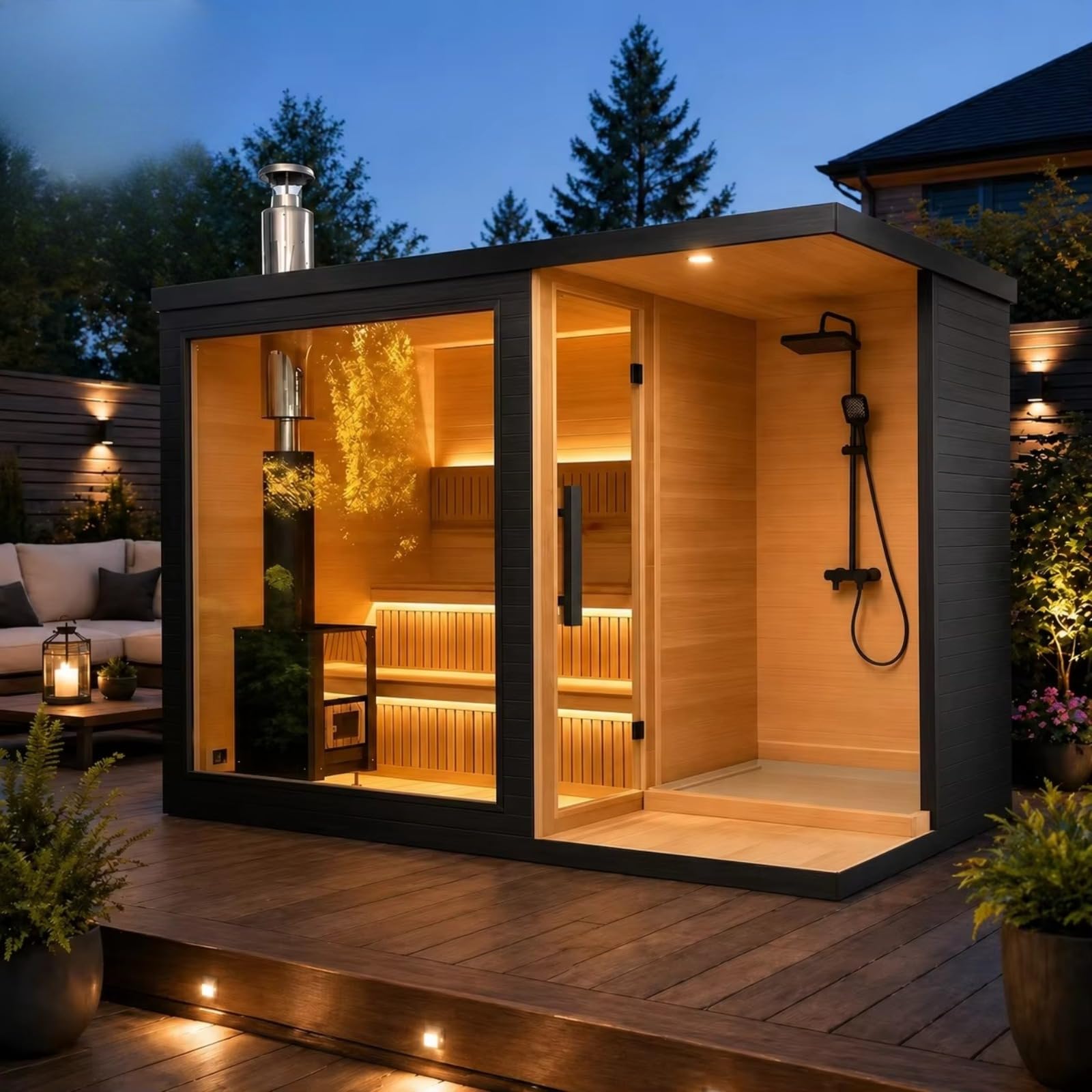 Cedar Wood Outdoor Sauna, 2-4 Person - Electric Heater, WiFi Control, LED Lights