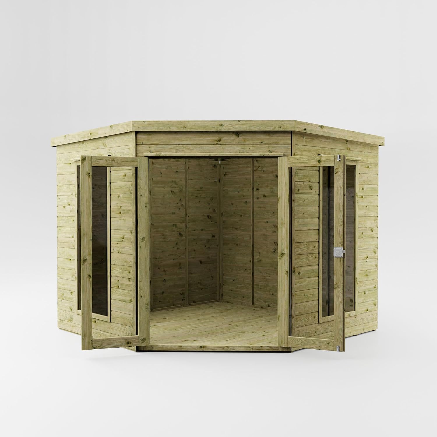 Waltons Wooden Corner Summerhouse - Shiplap Tongue & Groove, Flat Roof, Double Door, 8 x 8 ft