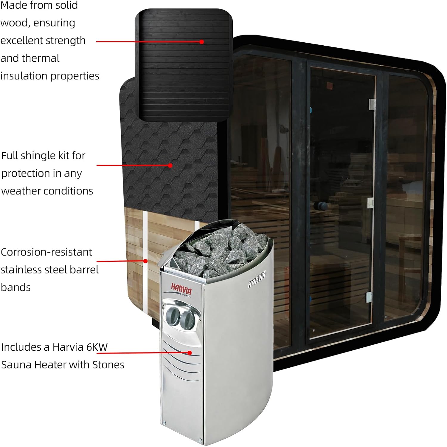 Canadian Red Cedar Outdoor Steam Sauna, 4-6 Person - 6kW Harvia Heater, Tempered Glass