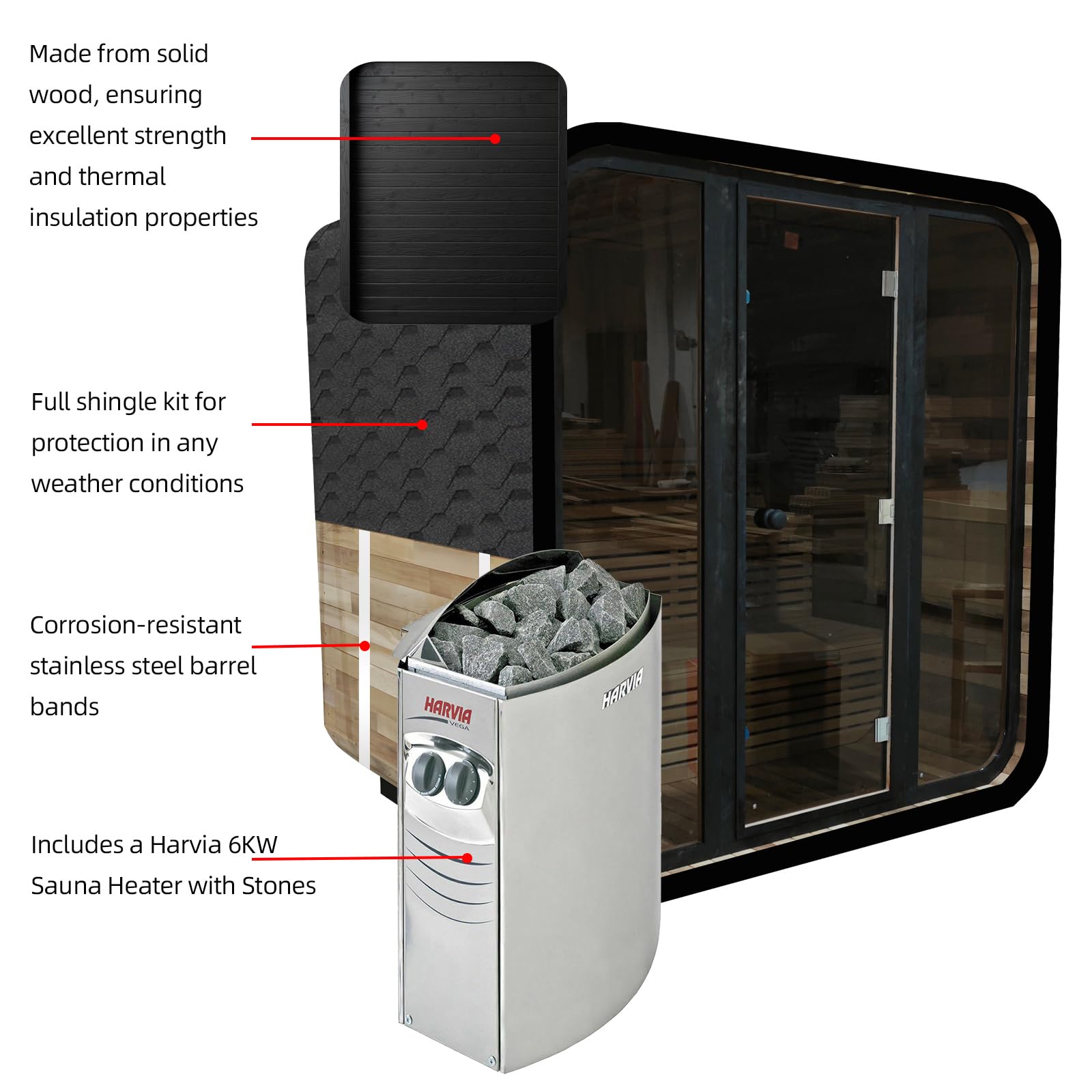 Canadian Red Cedar Outdoor Steam Sauna, 4-6 Person - 6kW Harvia Heater, Tempered Glass