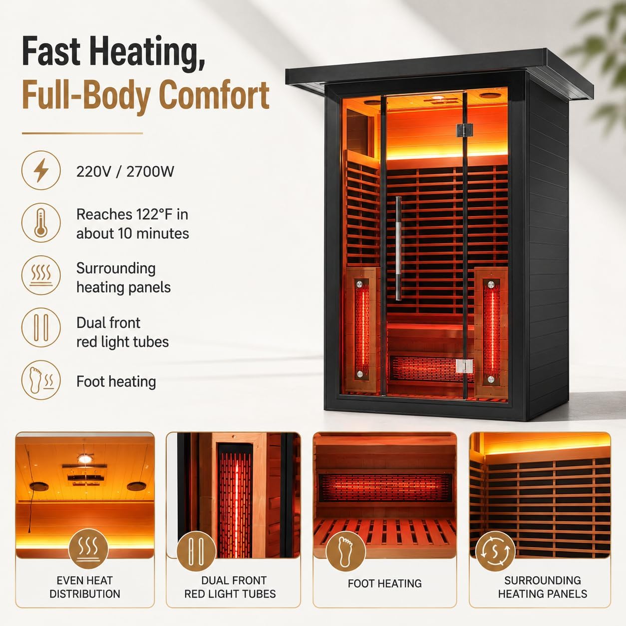 Infrared Sauna, 2-3 Person - 2700W, WiFi App Control, Black Aluminium Exterior