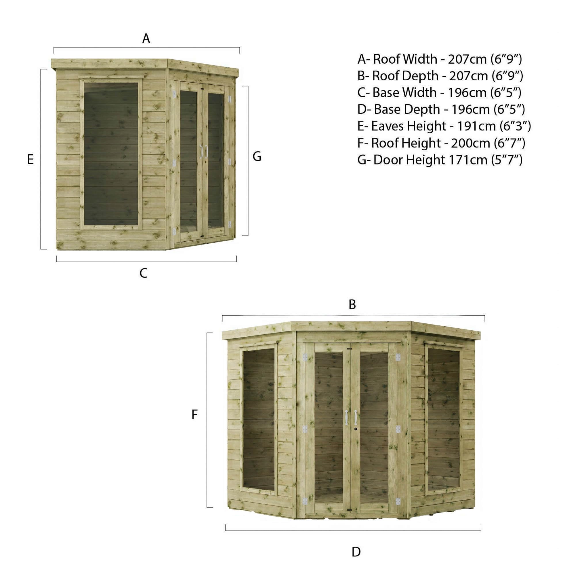 Waltons Wooden Corner Summerhouse - Shiplap Tongue & Groove, Flat Roof, Double Door, 8 x 8 ft