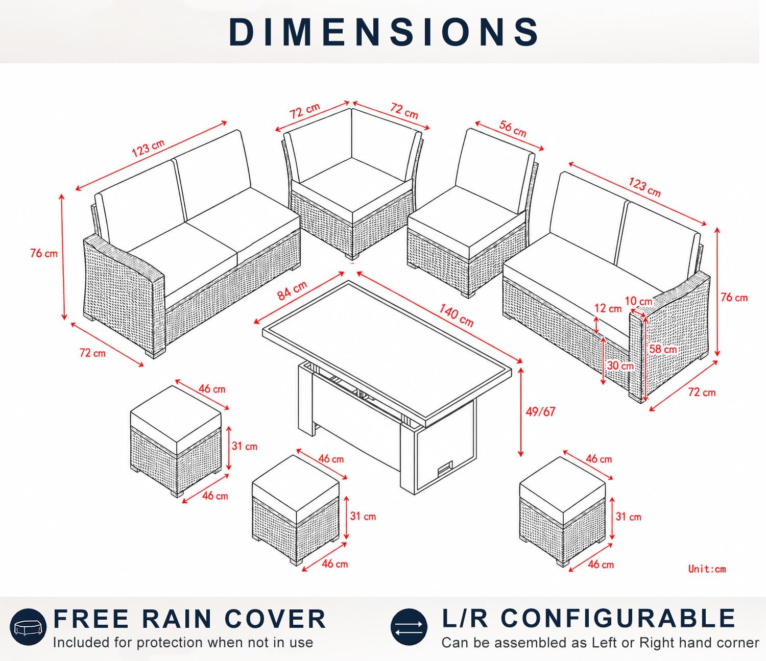Goods Emporium Rattan Garden Furniture Set, 9-Seater - Rising Table, Left/Right Hand Configurable, Dark Grey