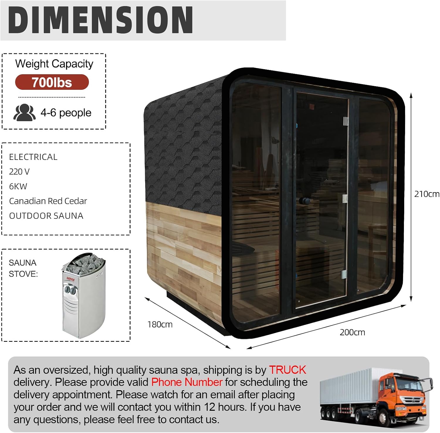 Canadian Red Cedar Outdoor Steam Sauna, 4-6 Person - 6kW Harvia Heater, Tempered Glass