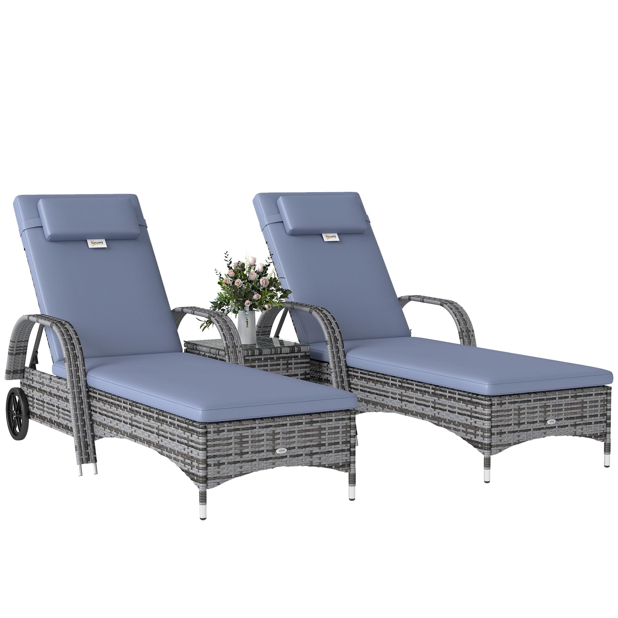 Outsunny Rattan Sun Loungers, Set of 2 - With Side Table, Black