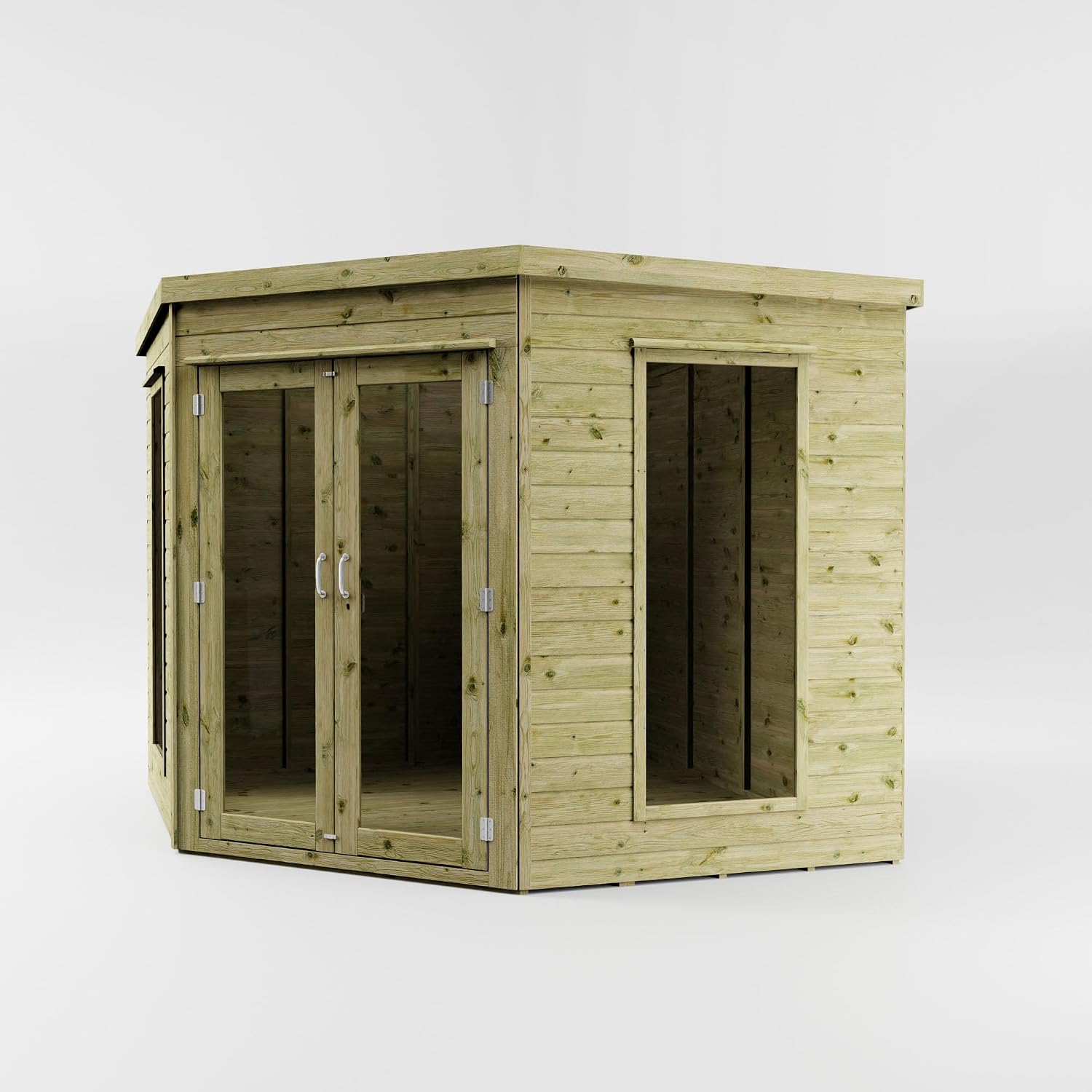 Waltons Wooden Corner Summerhouse - Shiplap Tongue & Groove, Flat Roof, Double Door, 8 x 8 ft