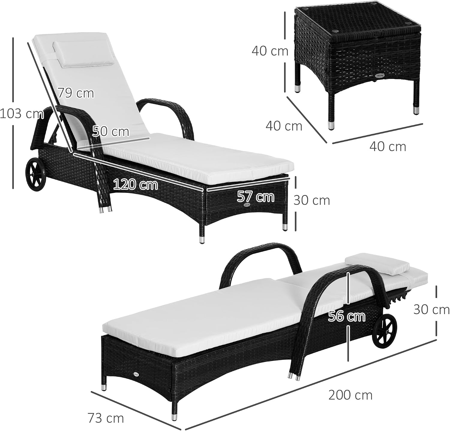 Outsunny Rattan Sun Loungers, Set of 2 - With Side Table, Black