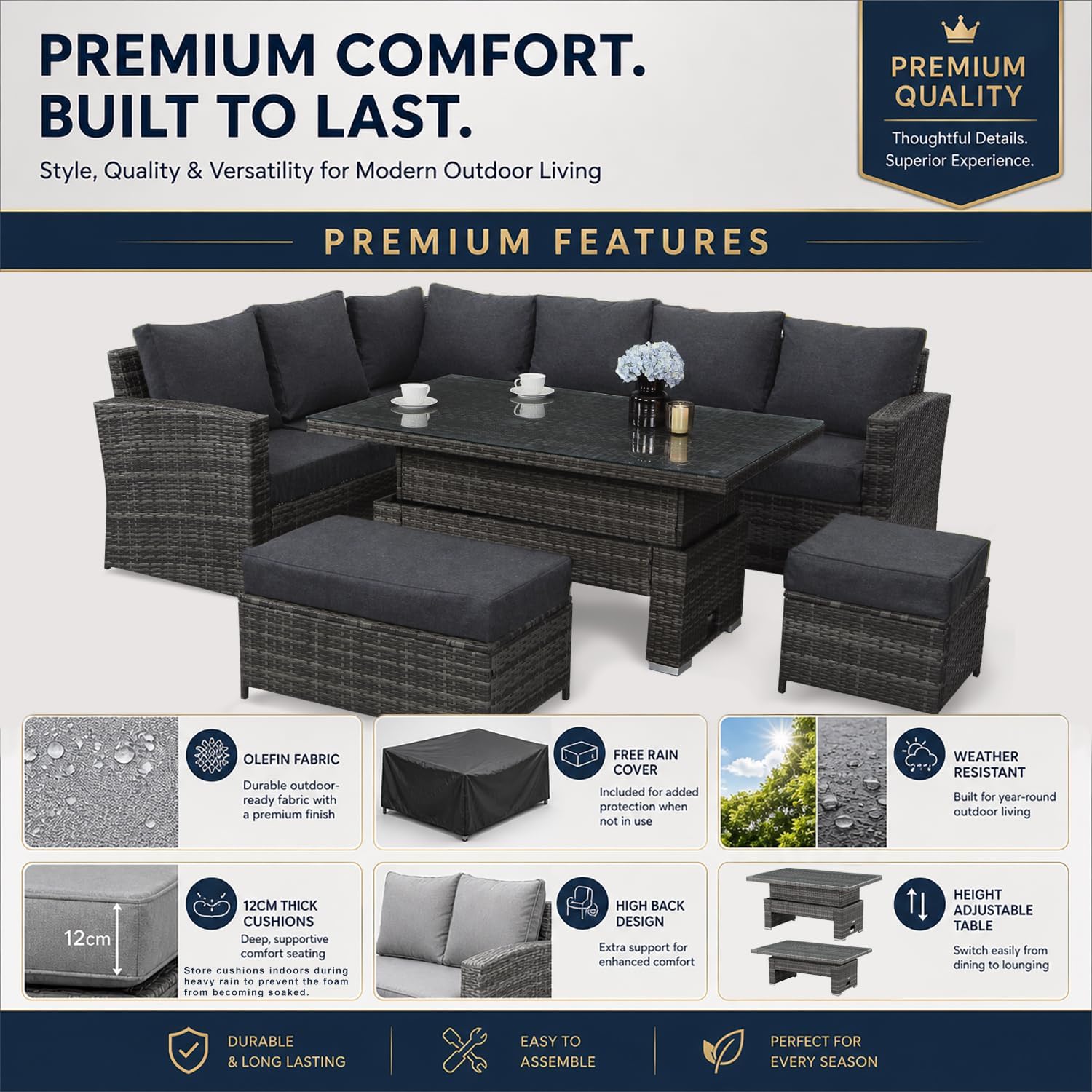 Goods Emporium Rattan Garden Furniture Set, 9-Seater - Height-Adjustable Rising Table, Dark Grey