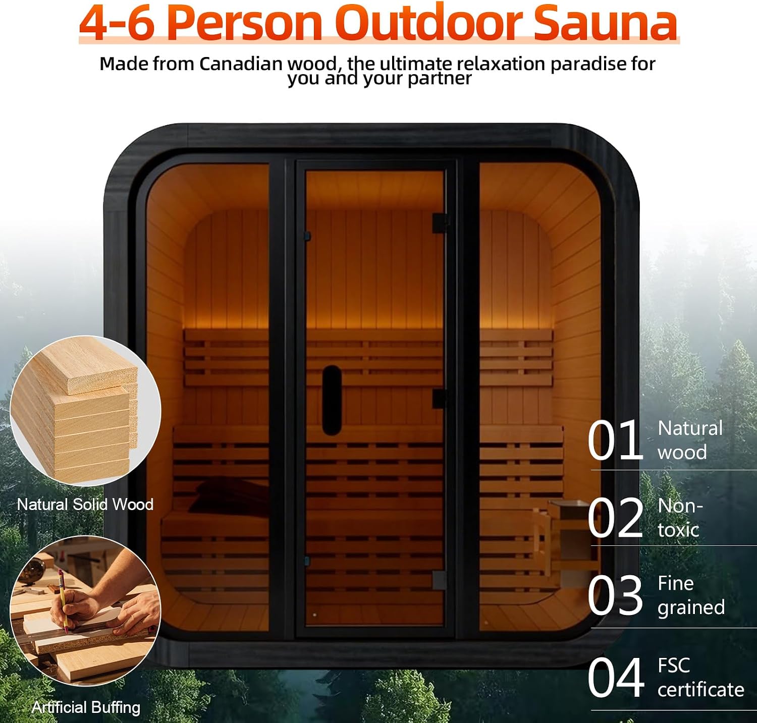 Canadian Red Cedar Outdoor Steam Sauna, 4-6 Person - 6kW Harvia Heater, Tempered Glass