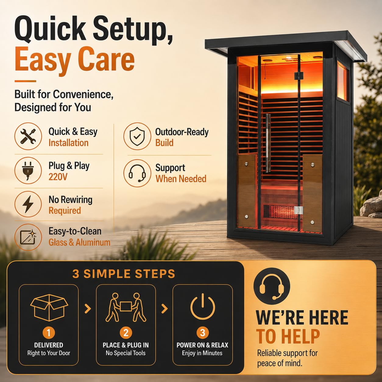 Infrared Sauna, 2-3 Person - 2700W, WiFi App Control, Black Aluminium Exterior