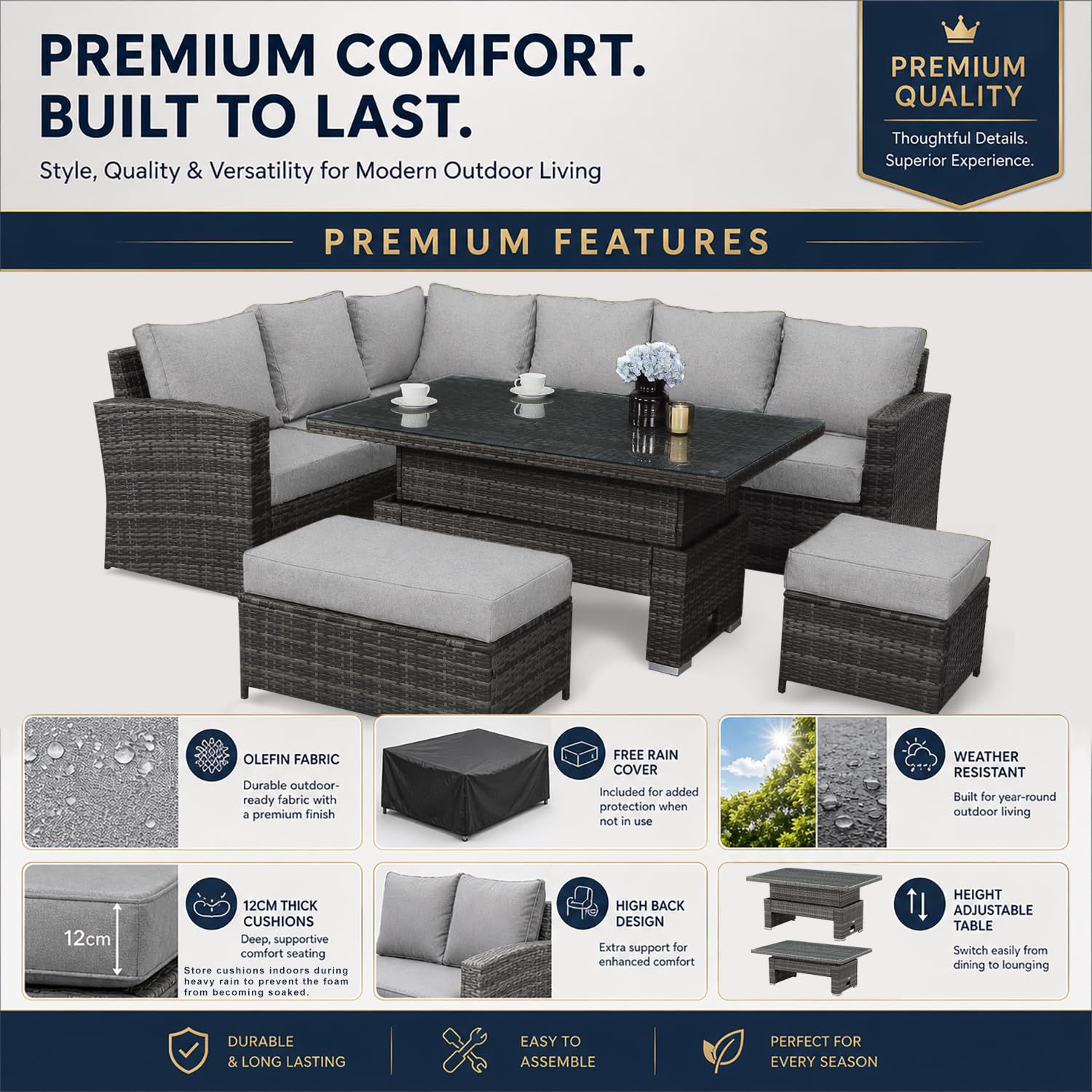 Goods Emporium Rattan Garden Furniture Set, 9-Seater - Height-Adjustable Rising Table, Dark Grey