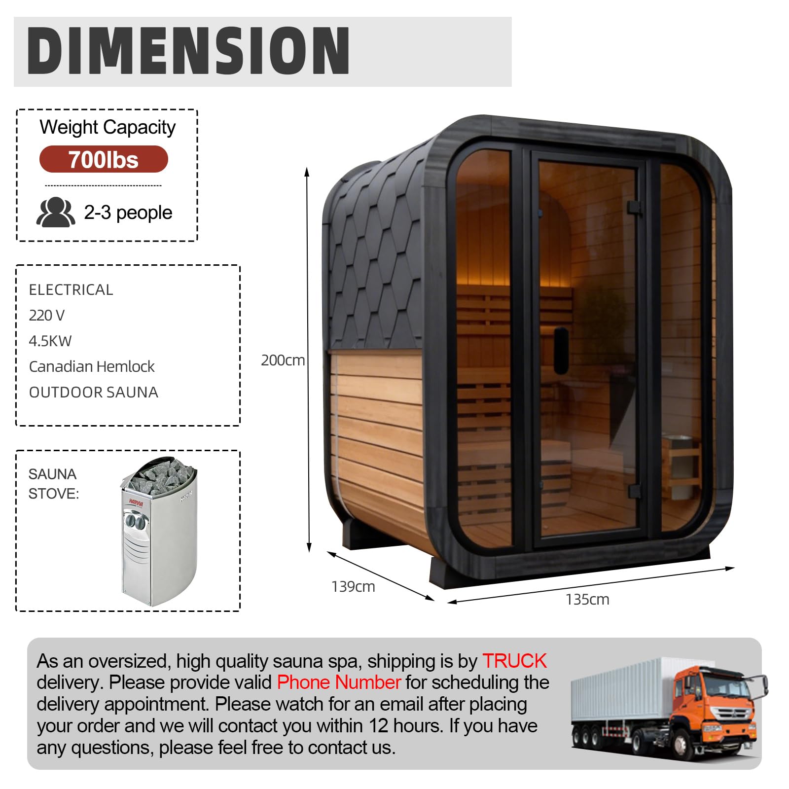 Canadian Red Cedar Outdoor Steam Sauna, 4-6 Person - 6kW Harvia Heater, Tempered Glass