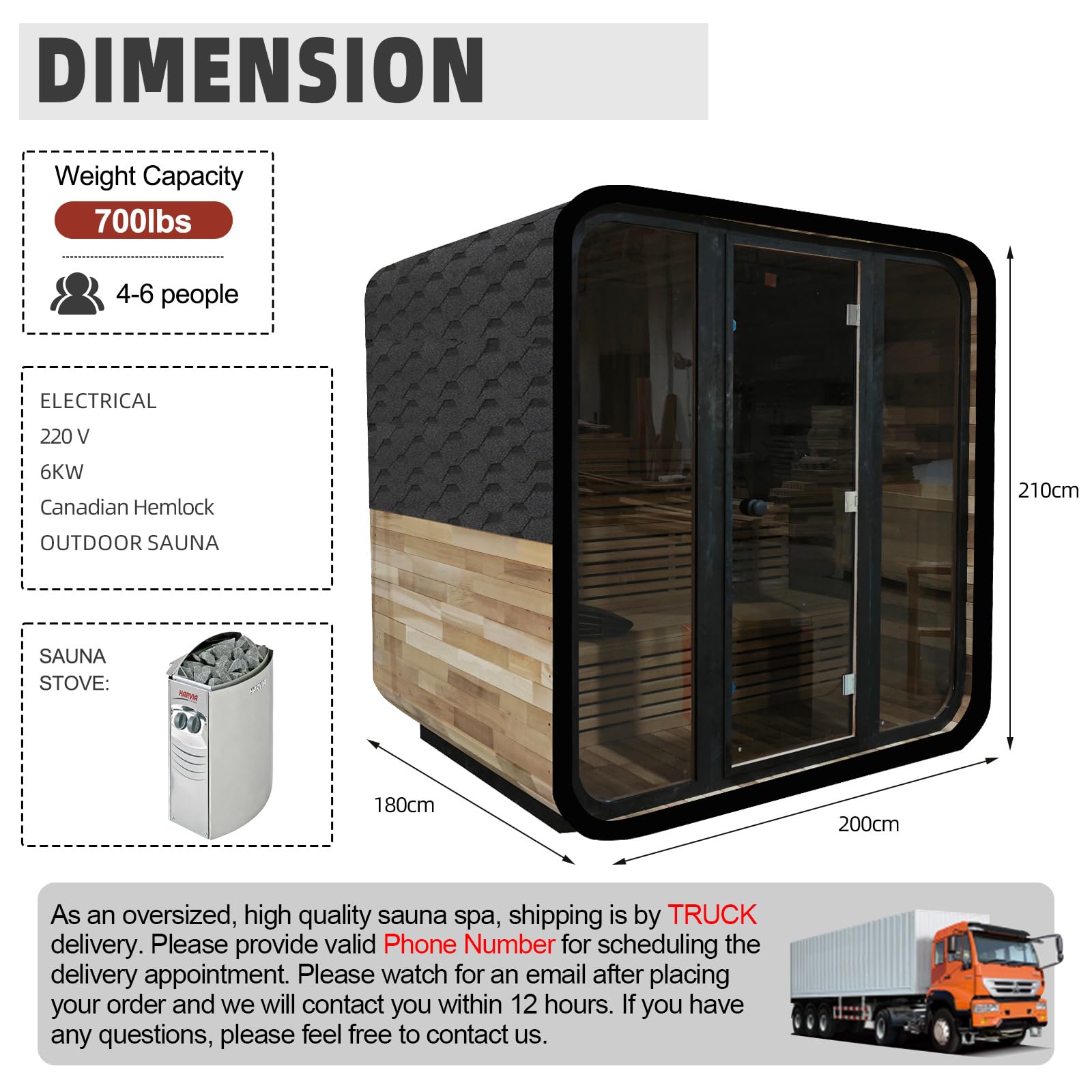 Canadian Red Cedar Outdoor Steam Sauna, 4-6 Person - 6kW Harvia Heater, Tempered Glass