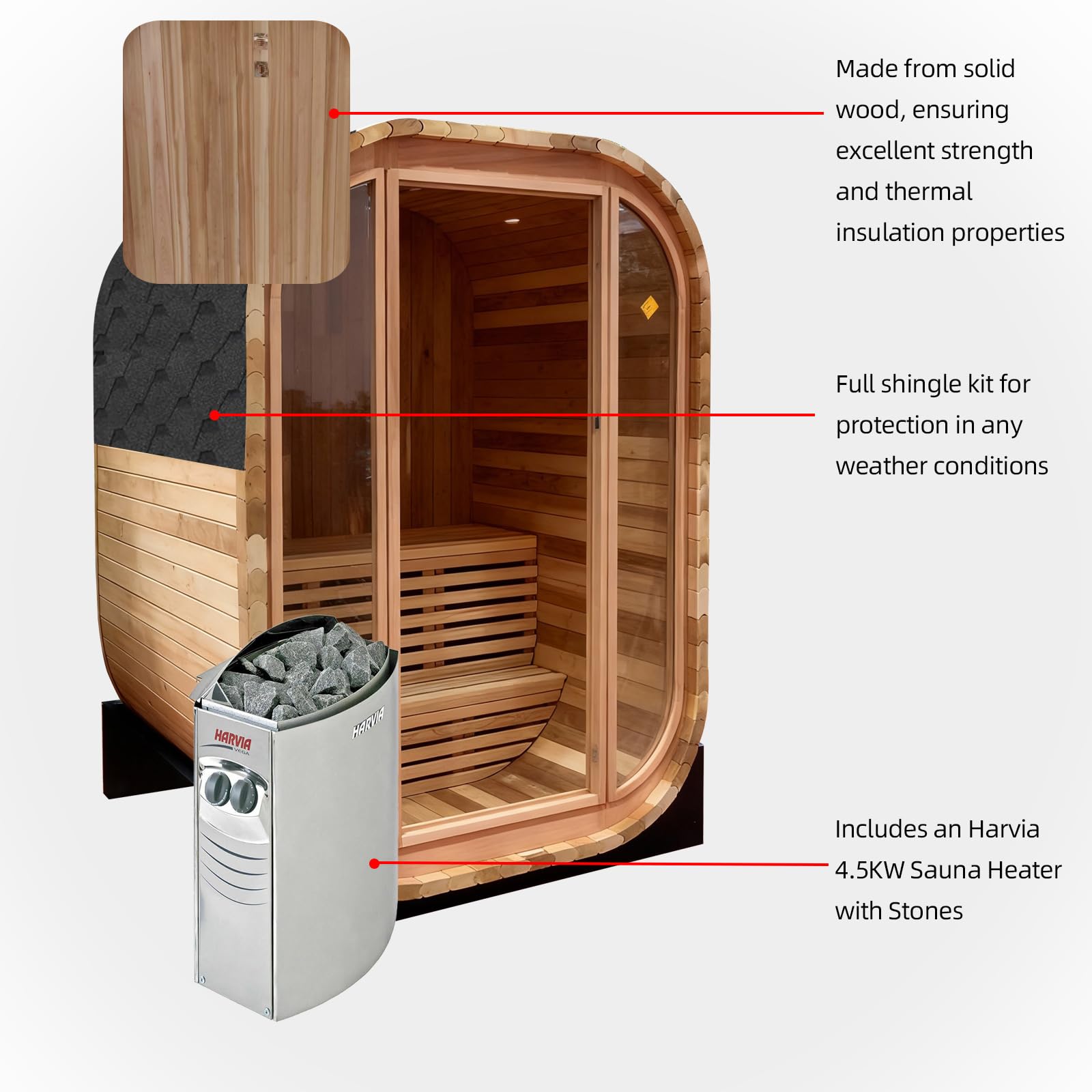 amocane Outdoor Steam Sauna, 2-Person - Canadian Red Cedar, 4.5kW Harvia Stove