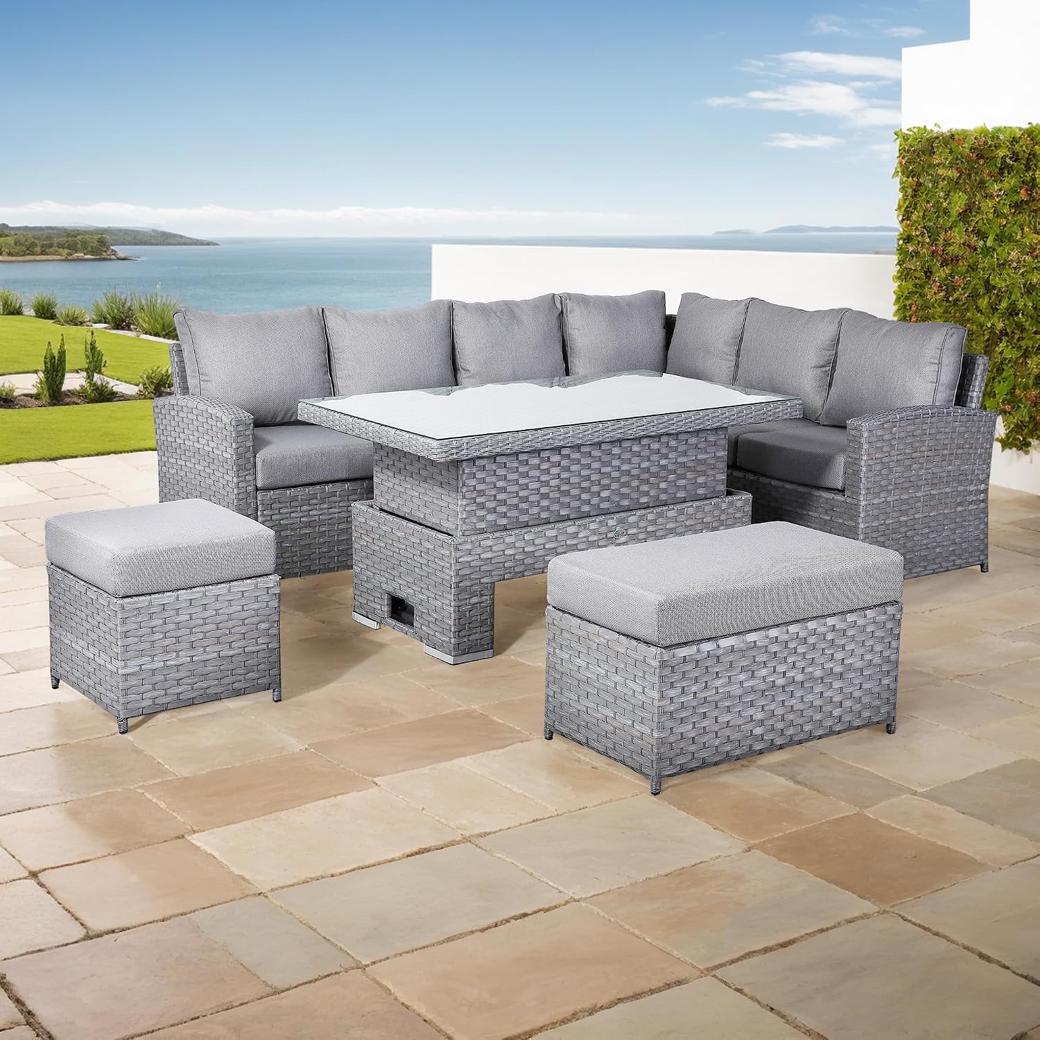 Club Rattan Harmony Corner Sofa Set, 9-Seater - High Back, Left Hand, Rising Table, Grey