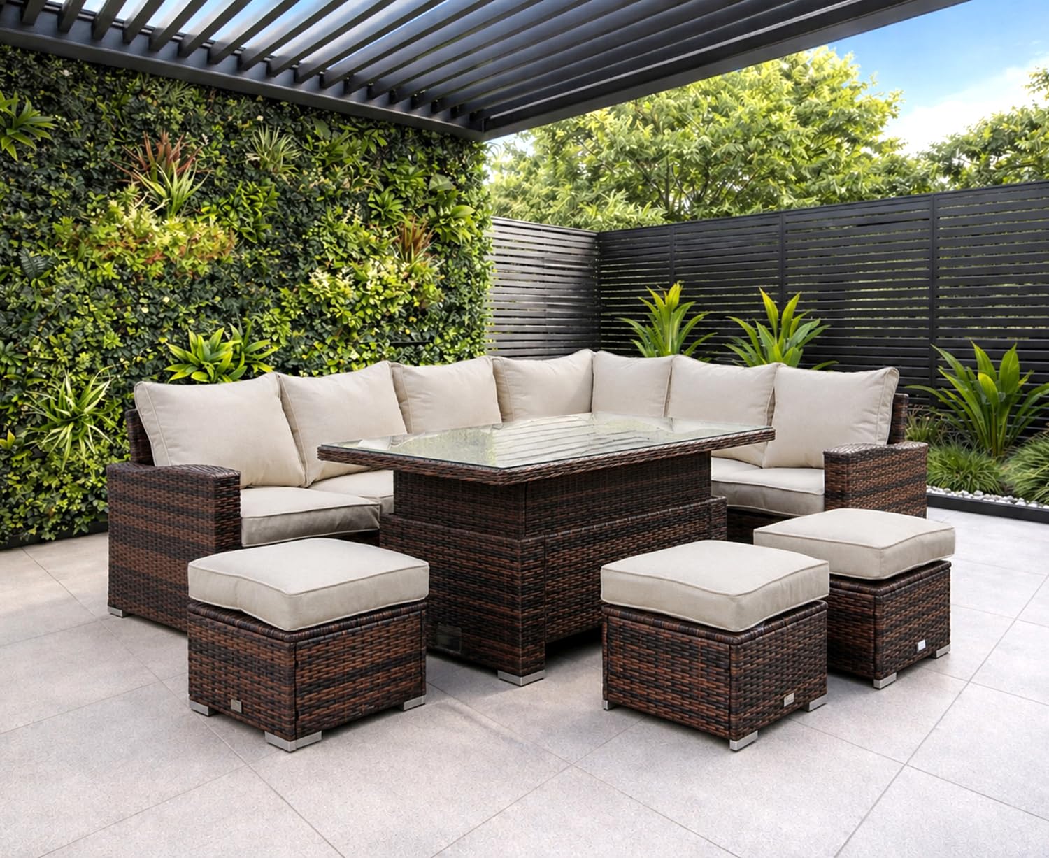 Goods Emporium Rattan Garden Furniture Set, 9-Seater - Rising Table, Left/Right Hand Configurable, Dark Grey