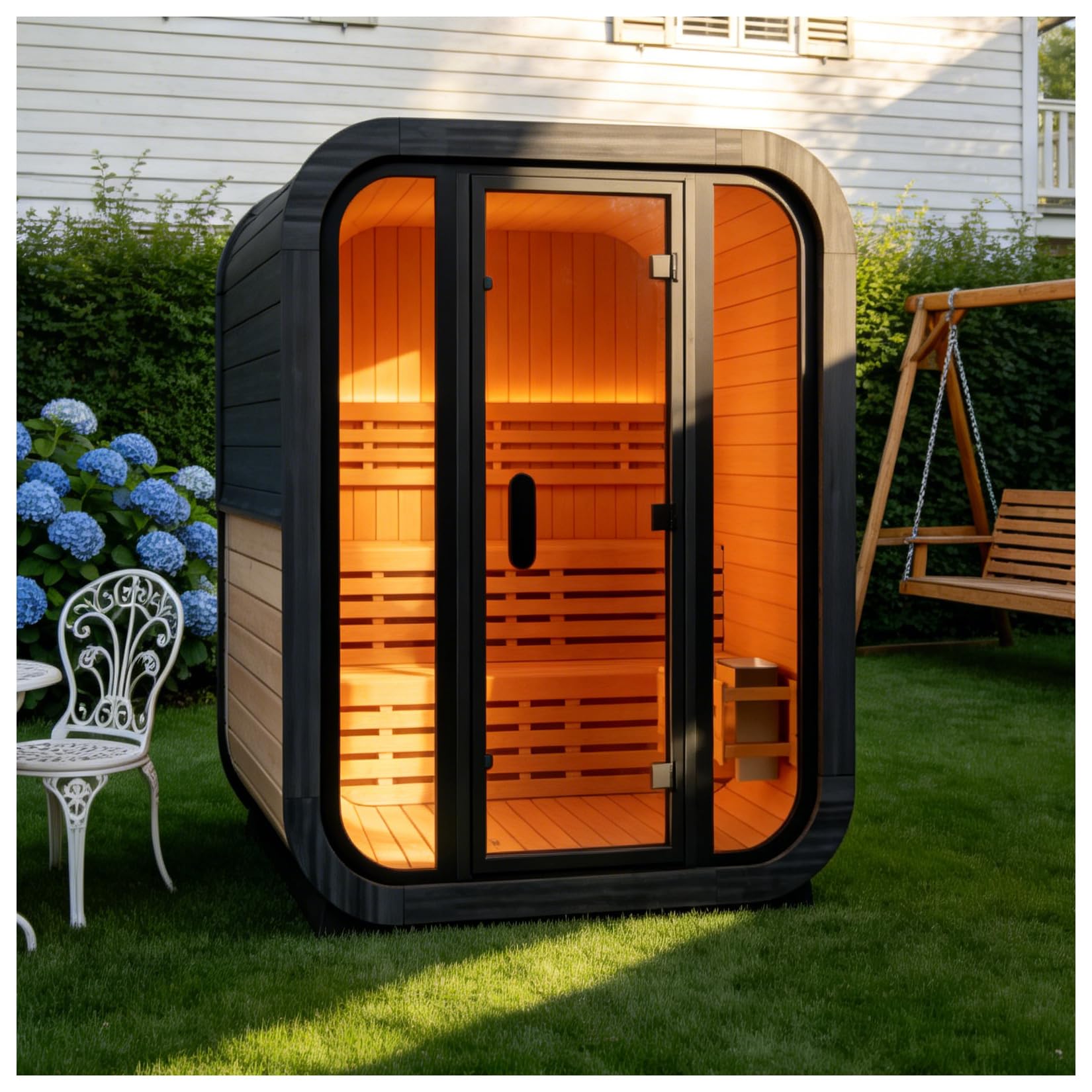 Canadian Red Cedar Outdoor Steam Sauna, 4-6 Person - 6kW Harvia Heater, Tempered Glass