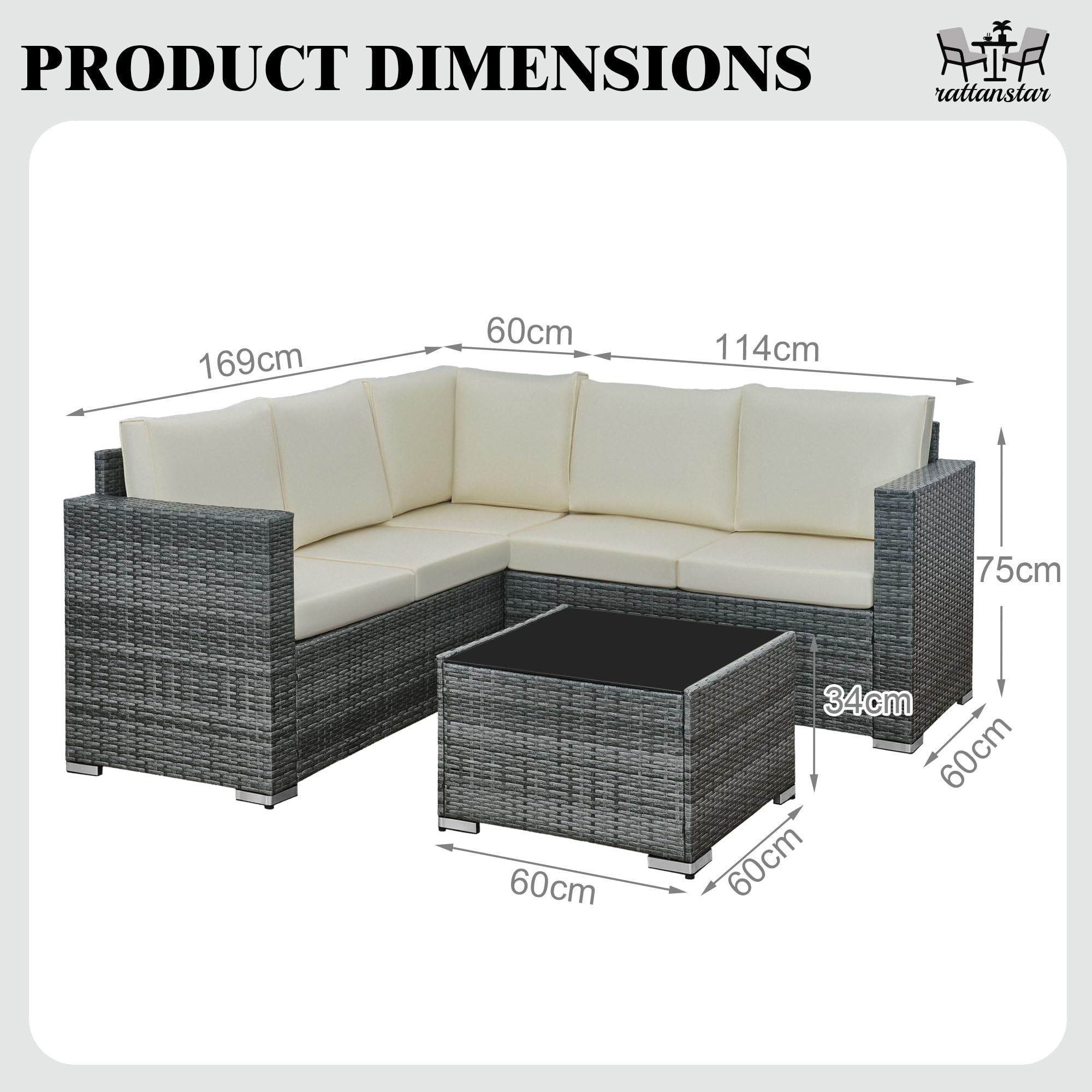 rattanstar Rattan Garden Furniture Set, 5-Seater - Corner Sofa with Glass-Top Coffee Table