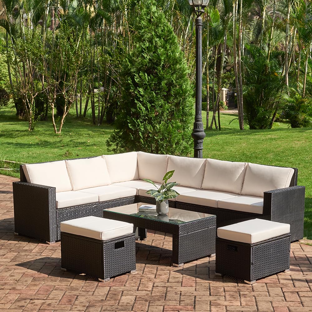 Panana Rattan Garden Sofa Set, 8-Seater - Coffee Table & Stool, Grey