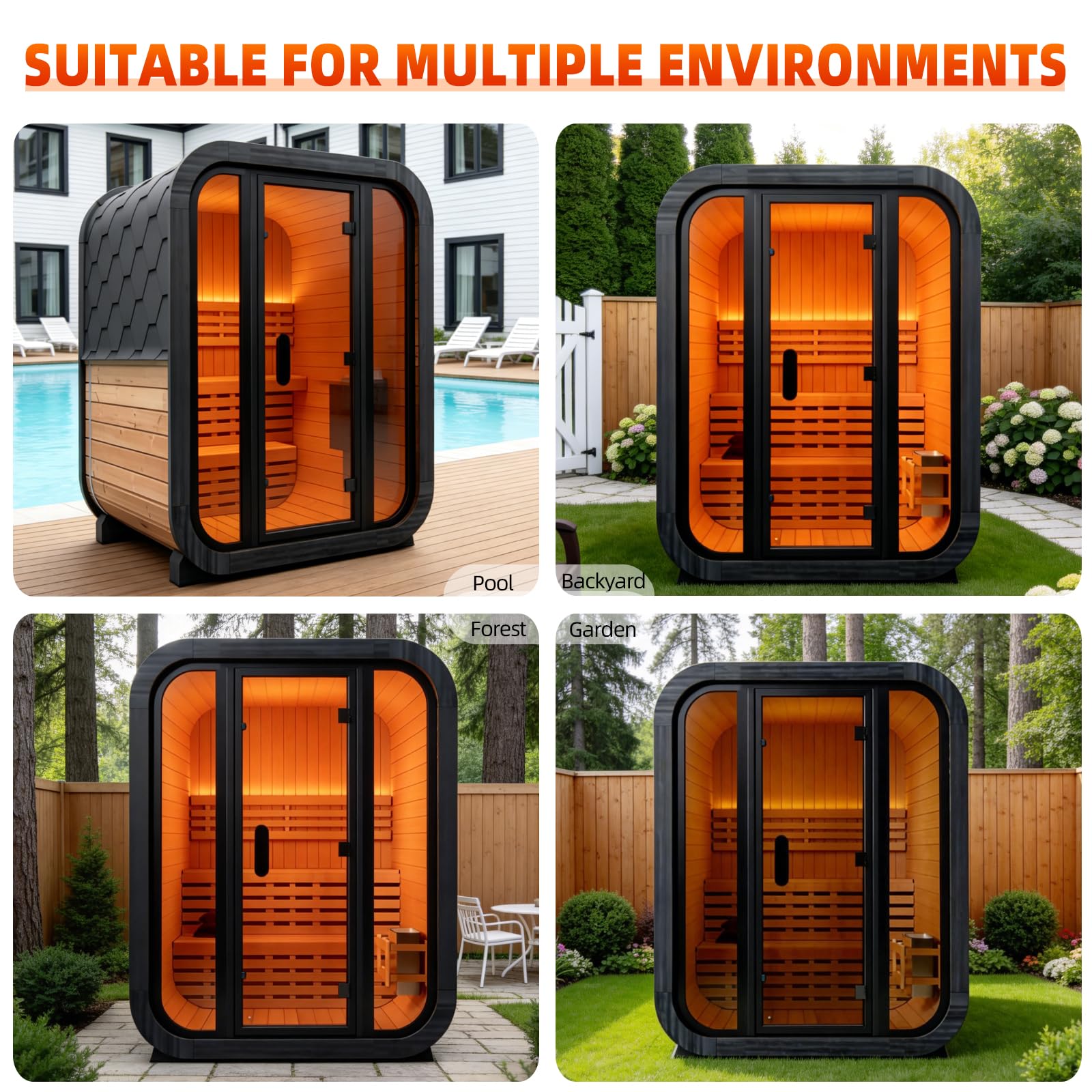Canadian Red Cedar Outdoor Steam Sauna, 4-6 Person - 6kW Harvia Heater, Tempered Glass