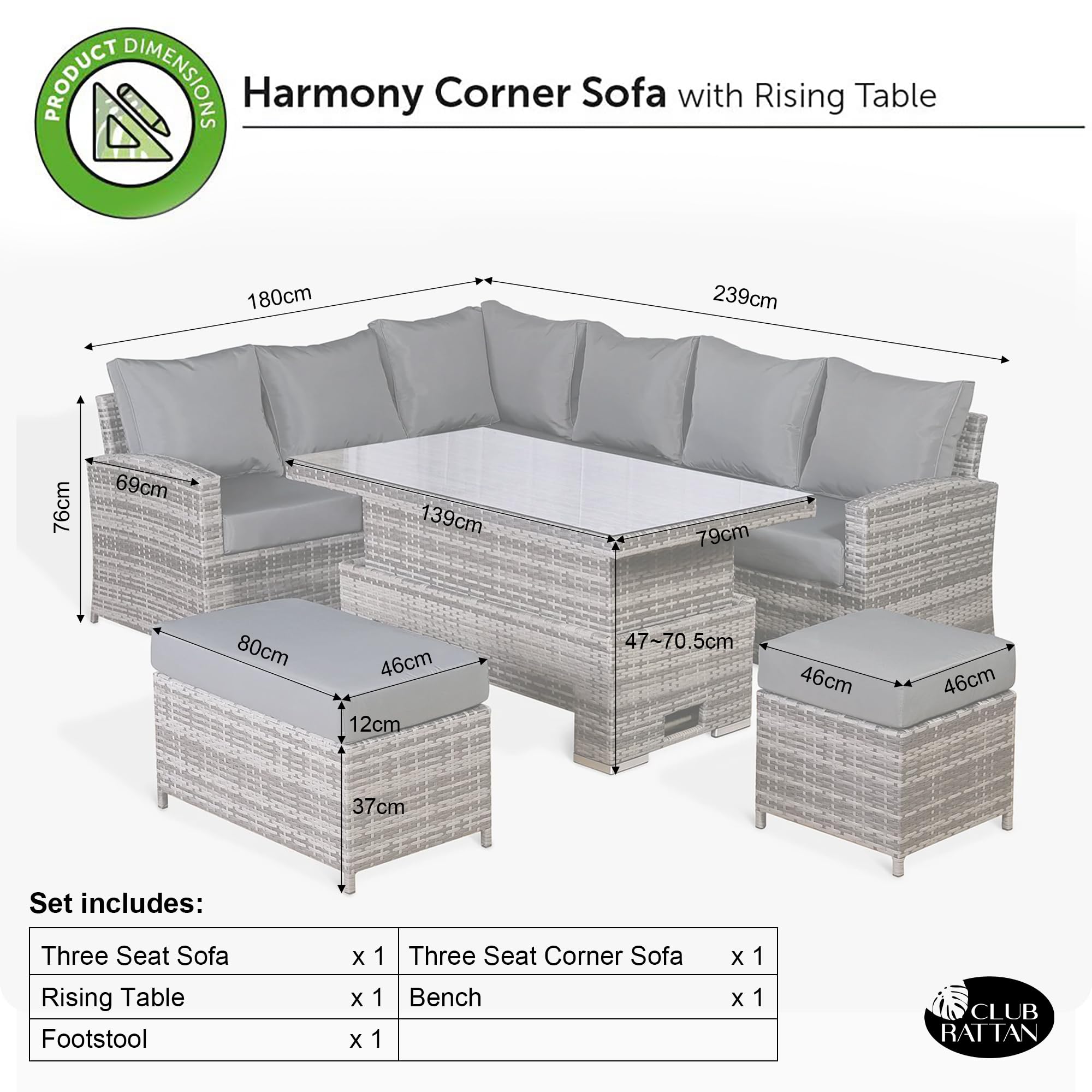 Club Rattan Harmony Corner Sofa Set, 9-Seater - High Back, Left Hand, Rising Table, Grey