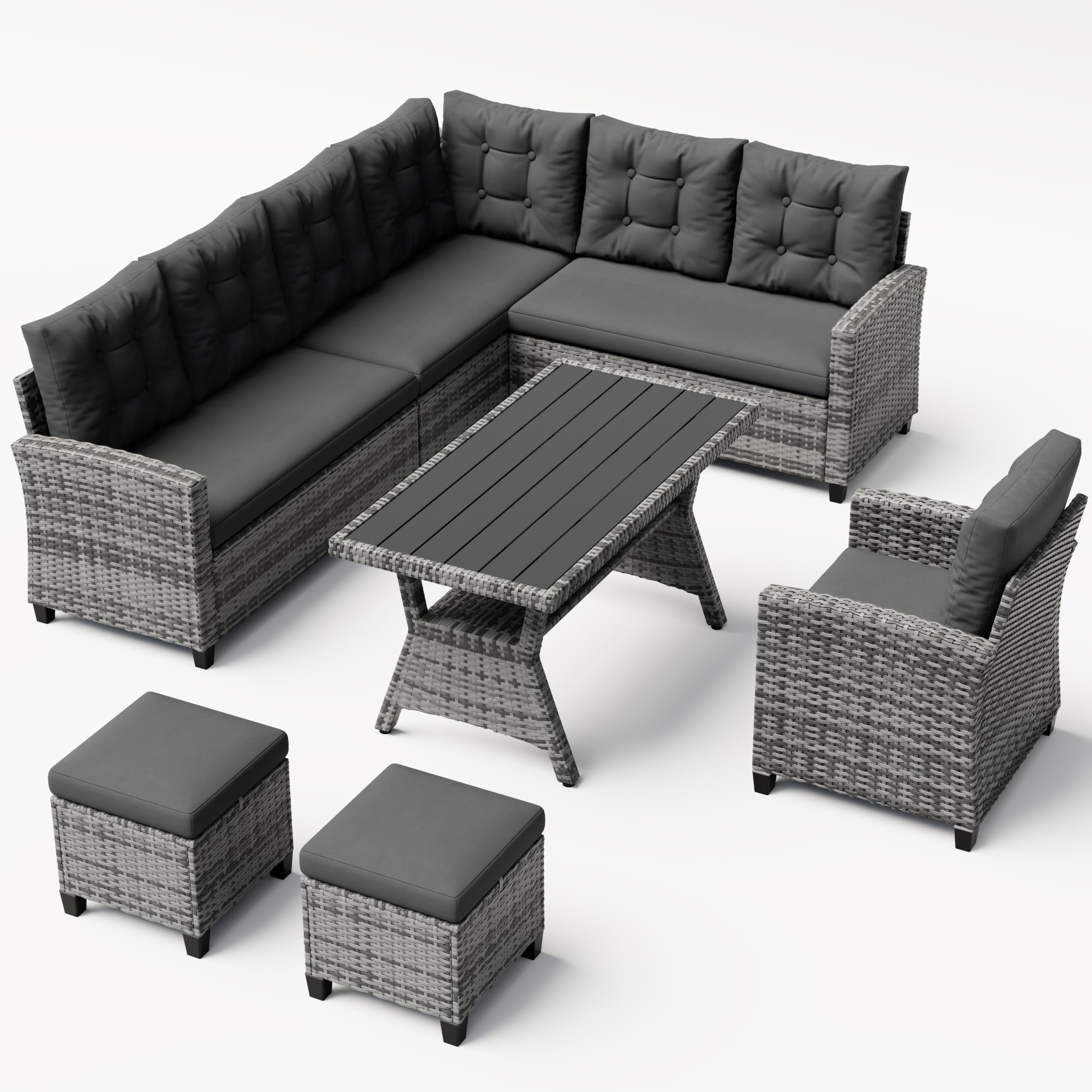 Amopatio Rattan Garden Corner Sofa Set, 9-Seater - WPC Dining Table & Storage Shelf, Grey