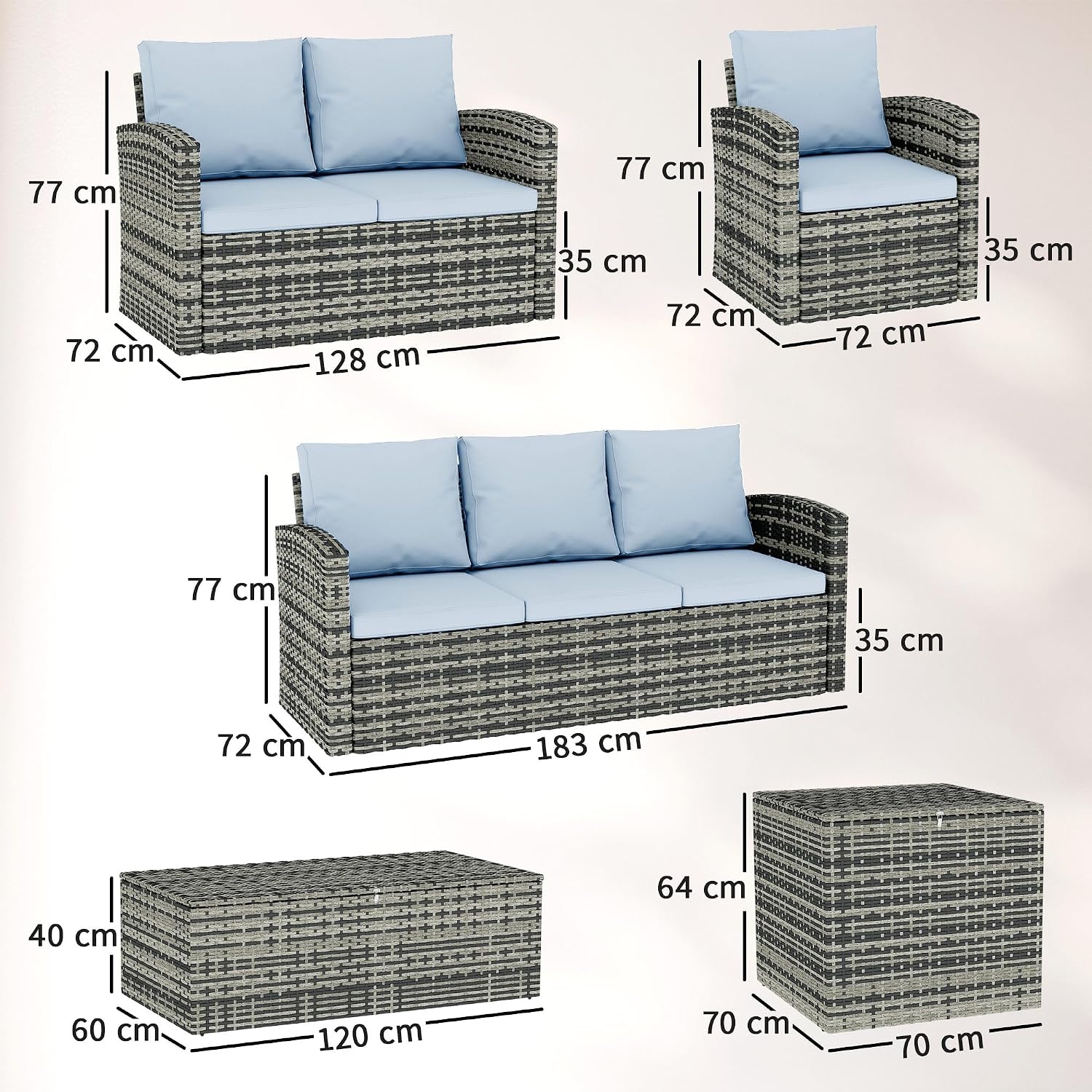 Outsunny Rattan Garden Furniture Set, 7-Seater - 6-Piece, Cushions, Grey