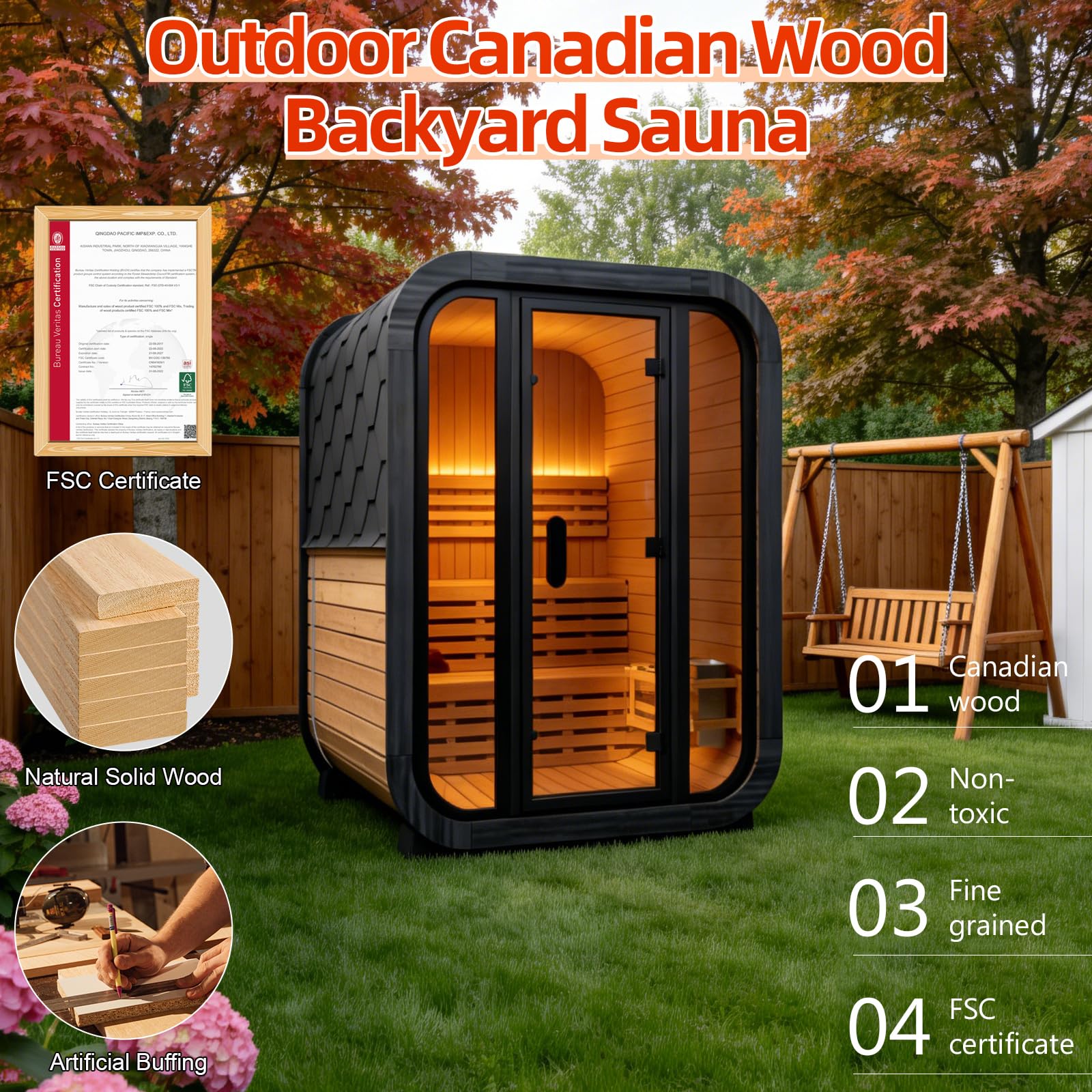 Canadian Red Cedar Outdoor Steam Sauna, 4-6 Person - 6kW Harvia Heater, Tempered Glass
