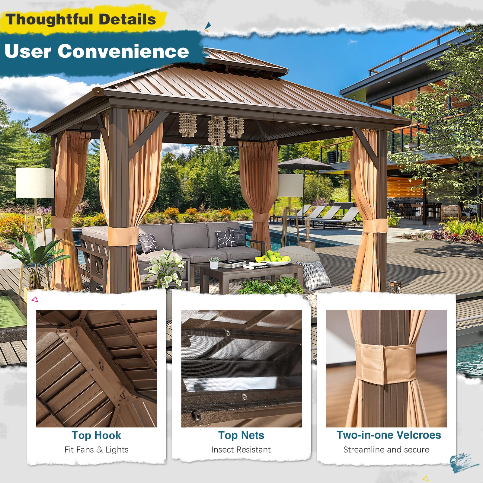 MELLCOM Hardtop Gazebo - 3 x 3.6m, Aluminum Double Roof, Brown