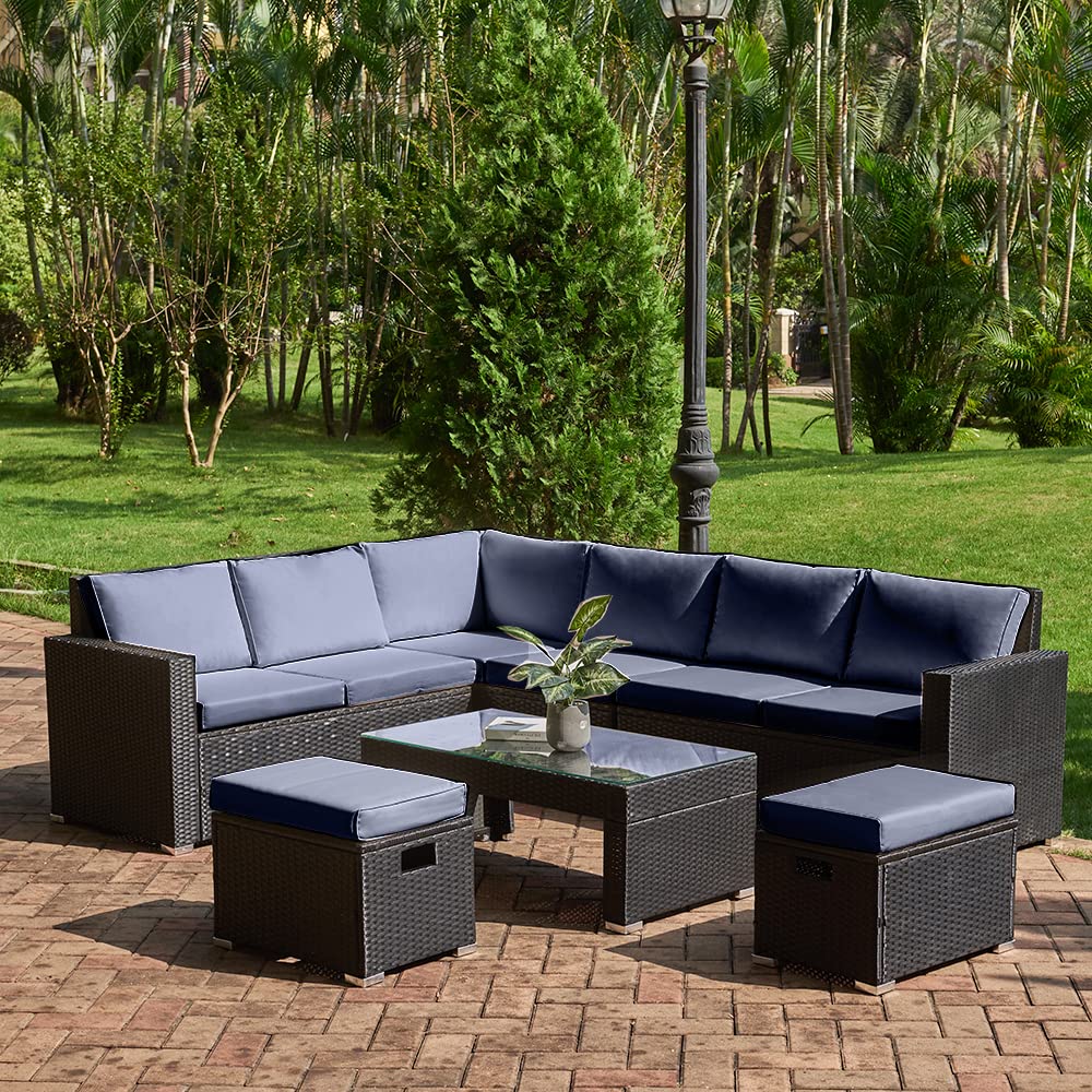 Panana Rattan Garden Sofa Set, 8-Seater - Coffee Table & Stool, Grey