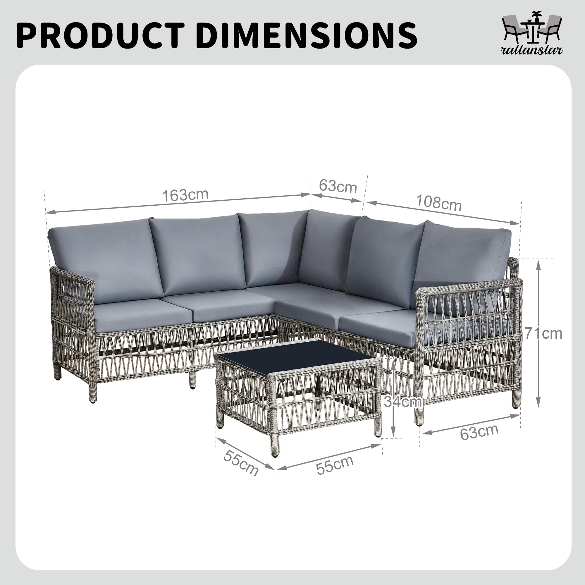 rattanstar Rattan Garden Furniture Set, 5-Seater - Corner Sofa with Glass-Top Coffee Table