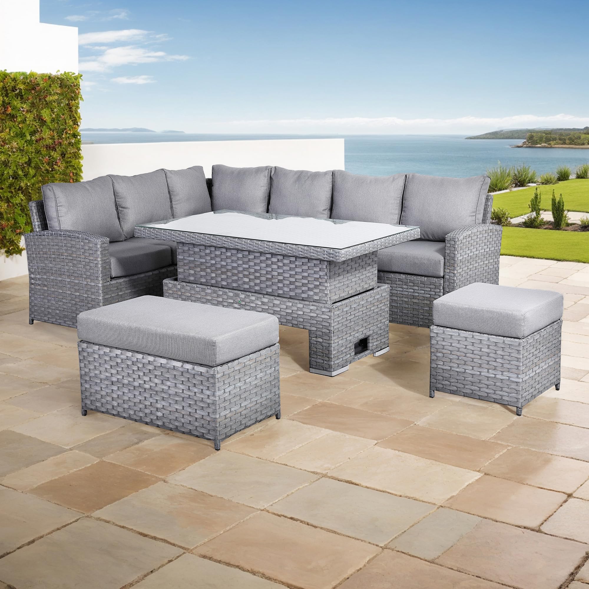Club Rattan Harmony Corner Sofa Set, 9-Seater - High Back, Left Hand, Rising Table, Grey