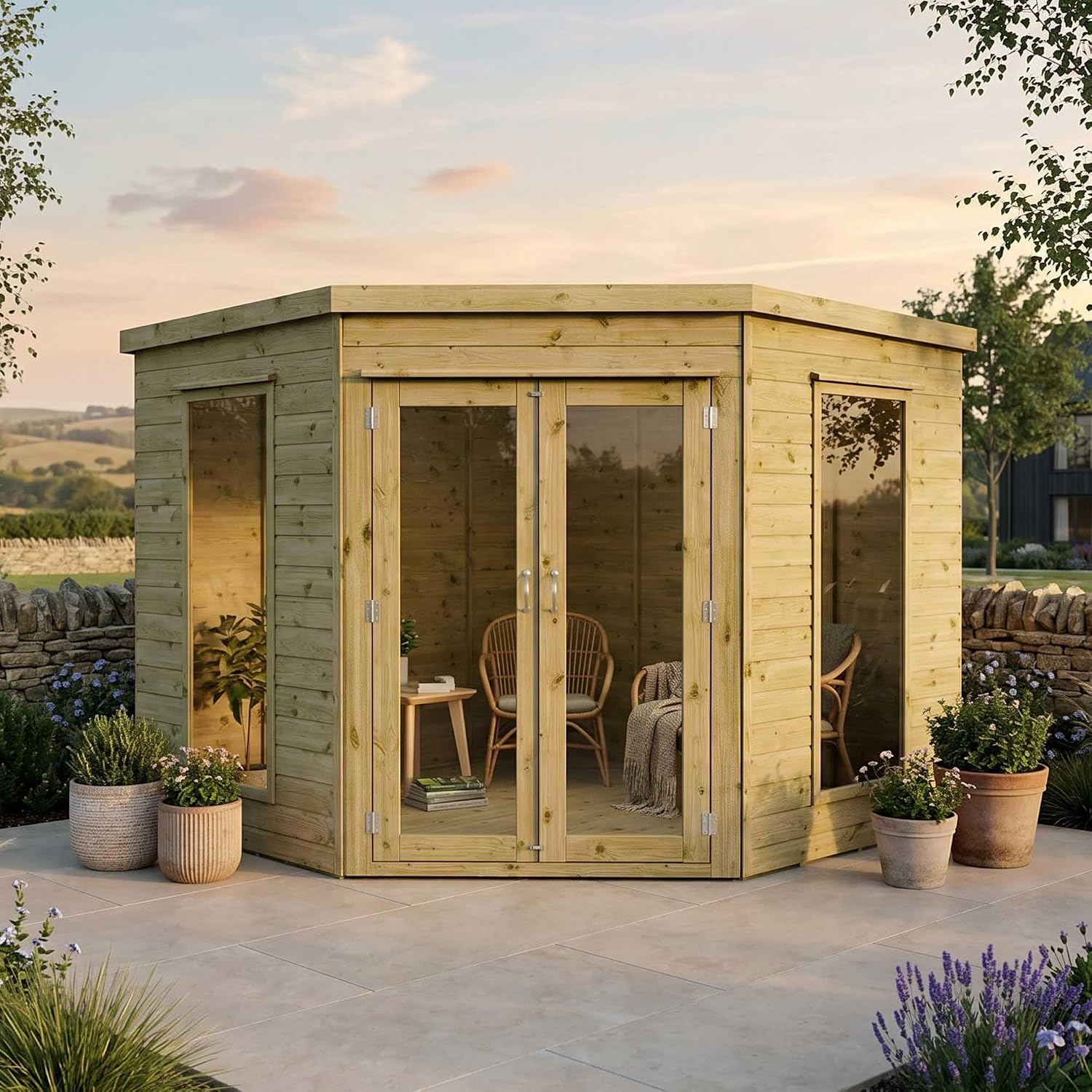Waltons Wooden Corner Summerhouse - Shiplap Tongue & Groove, Flat Roof, Double Door, 8 x 8 ft