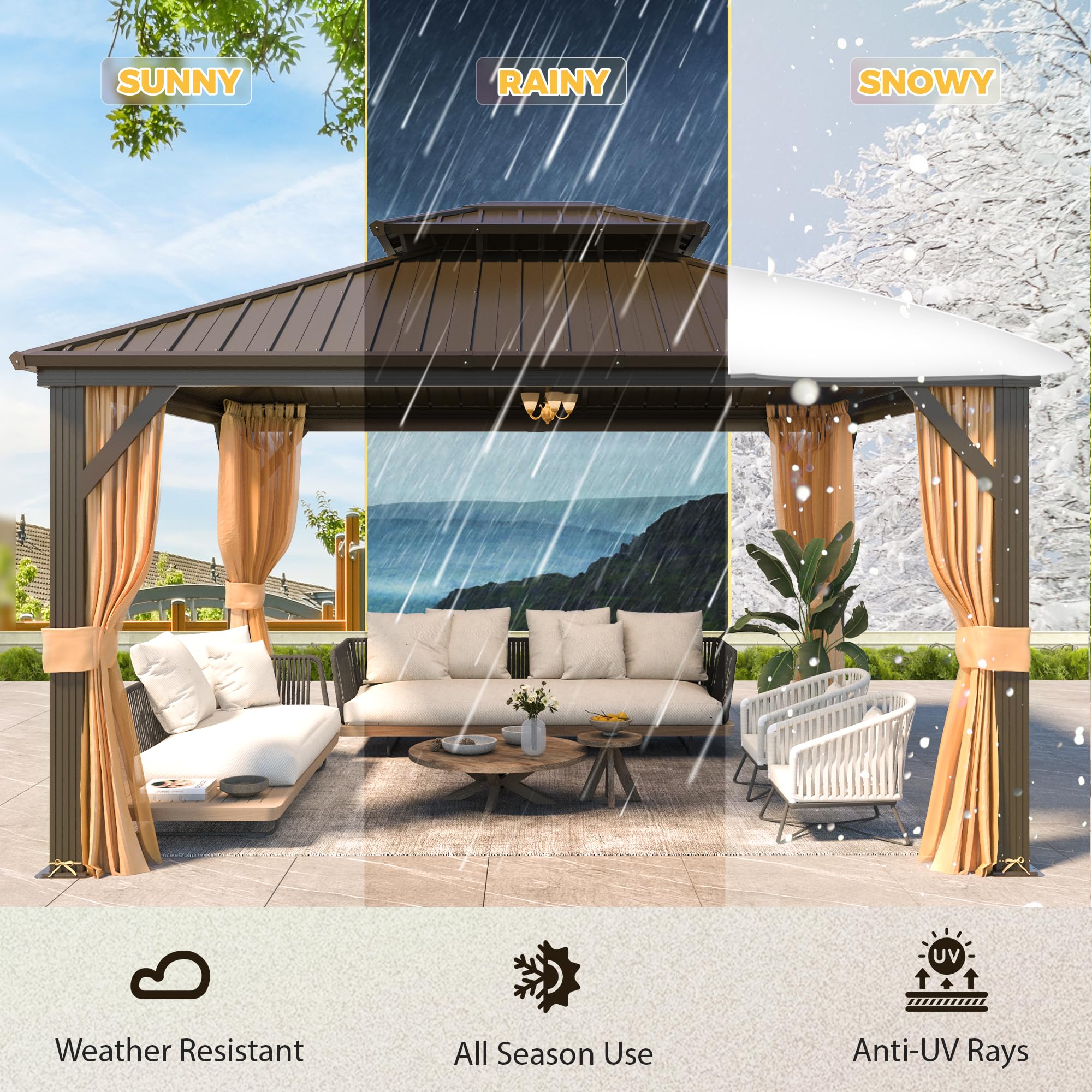 EROMMY Hardtop Gazebo - 3 x 3.6m, Aluminum Double Roof, Brown