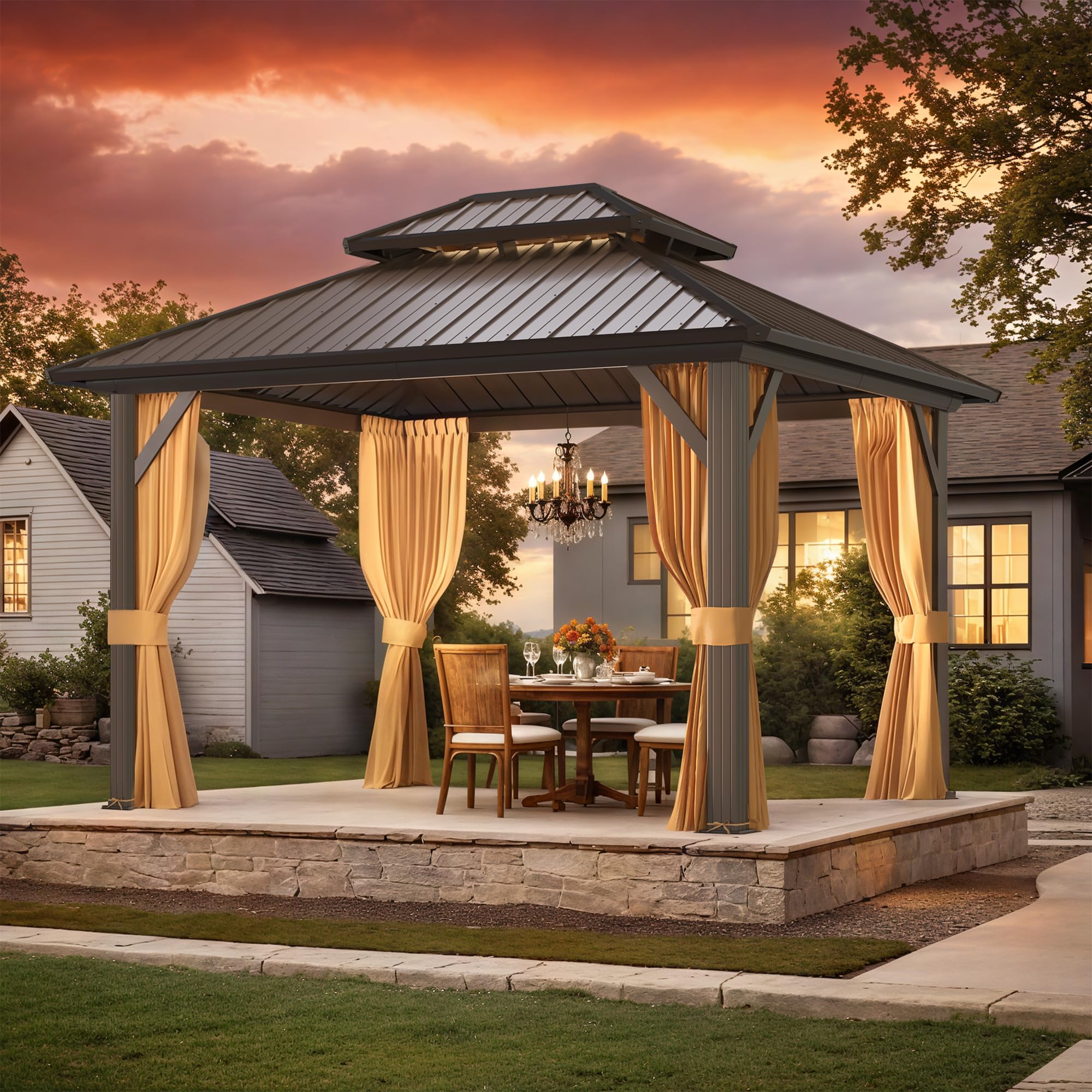 EROMMY Hardtop Gazebo - 3 x 3.6m, Aluminum Double Roof, Brown