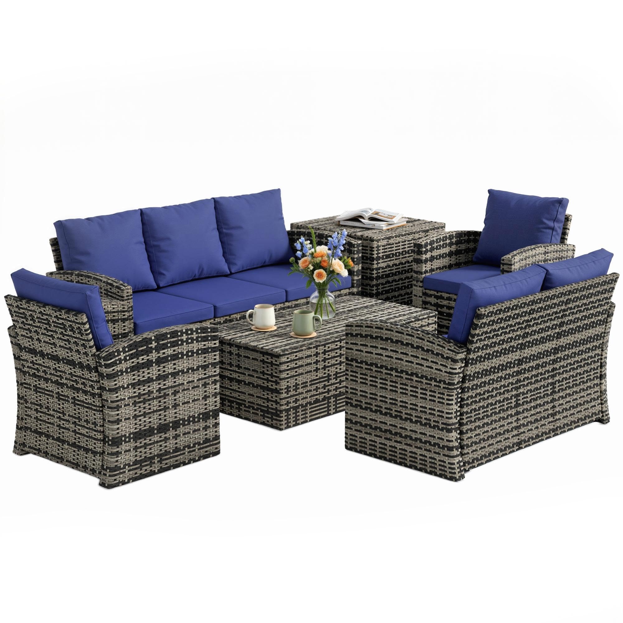 Outsunny Rattan Garden Furniture Set, 7-Seater - 6-Piece, Cushions, Grey