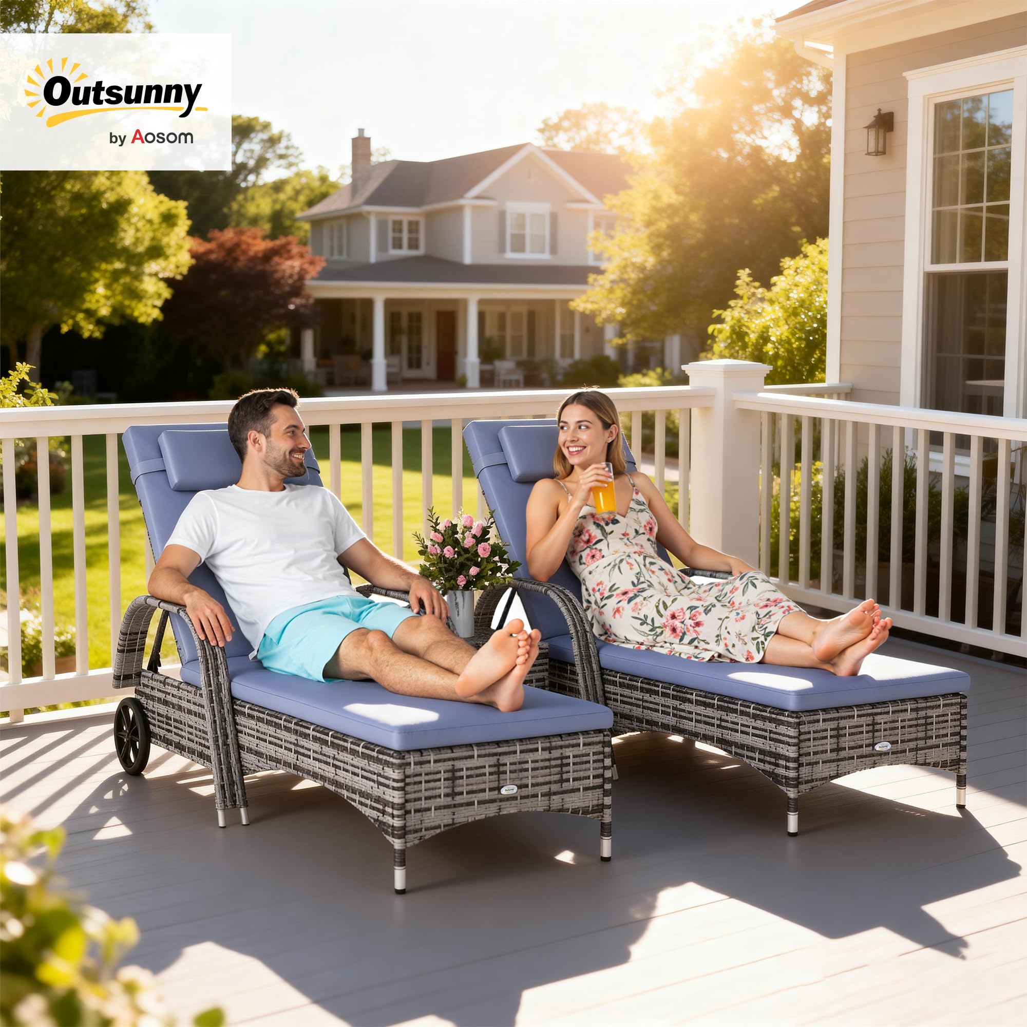 Outsunny Rattan Sun Loungers, Set of 2 - With Side Table, Black
