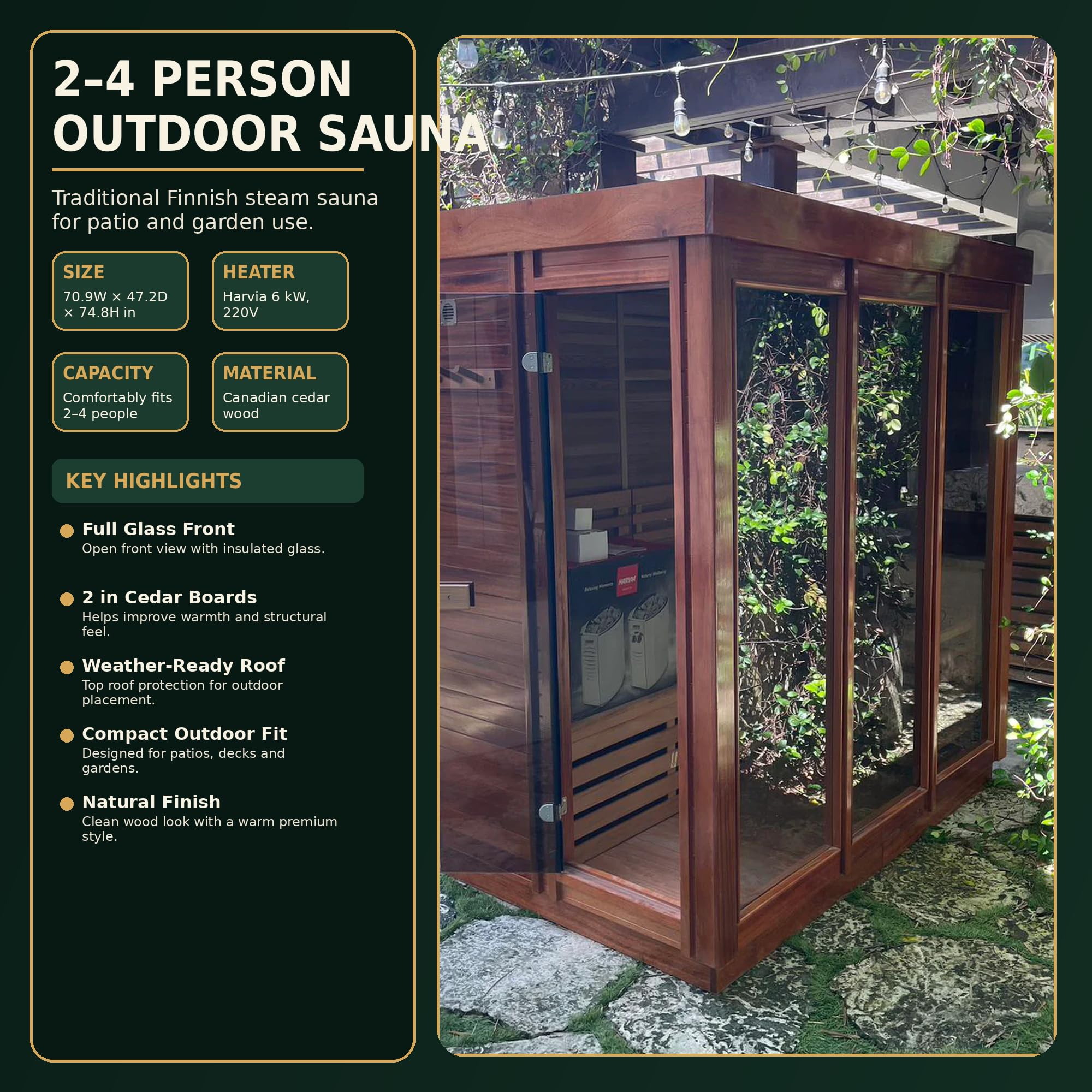 Infrared Sauna, 2-3 Person - 2700W, WiFi App Control, Black Aluminium Exterior