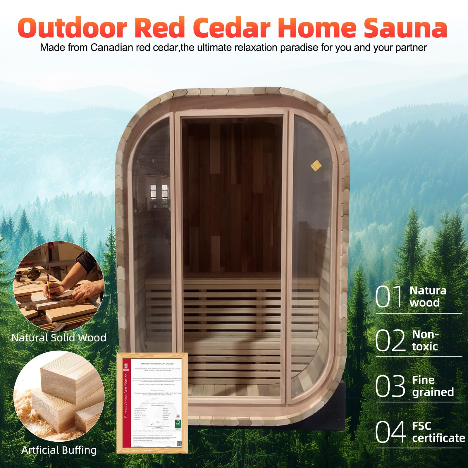 amocane Outdoor Steam Sauna, 2-Person - Canadian Red Cedar, 4.5kW Harvia Stove