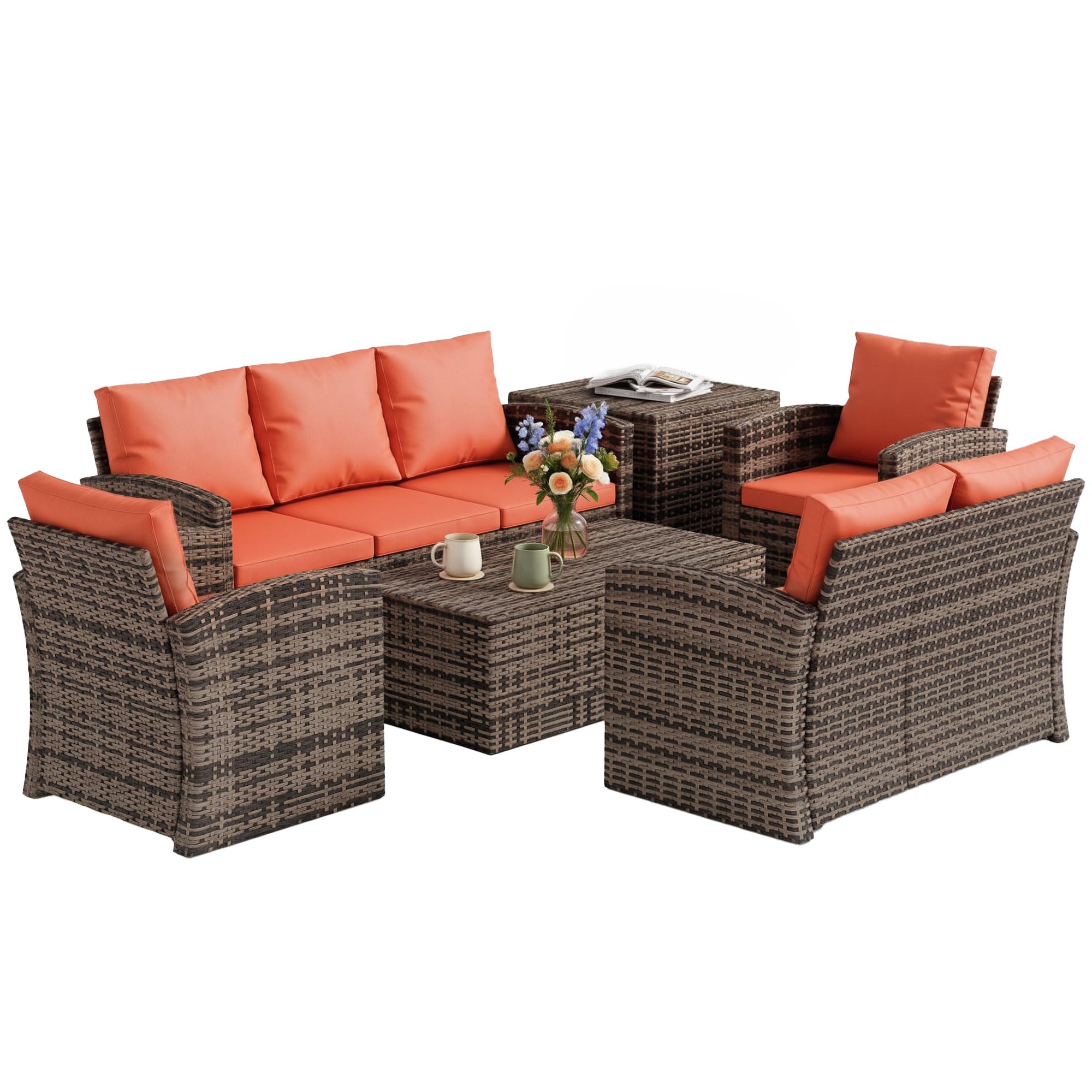 Outsunny Rattan Garden Furniture Set, 7-Seater - 6-Piece, Cushions, Grey