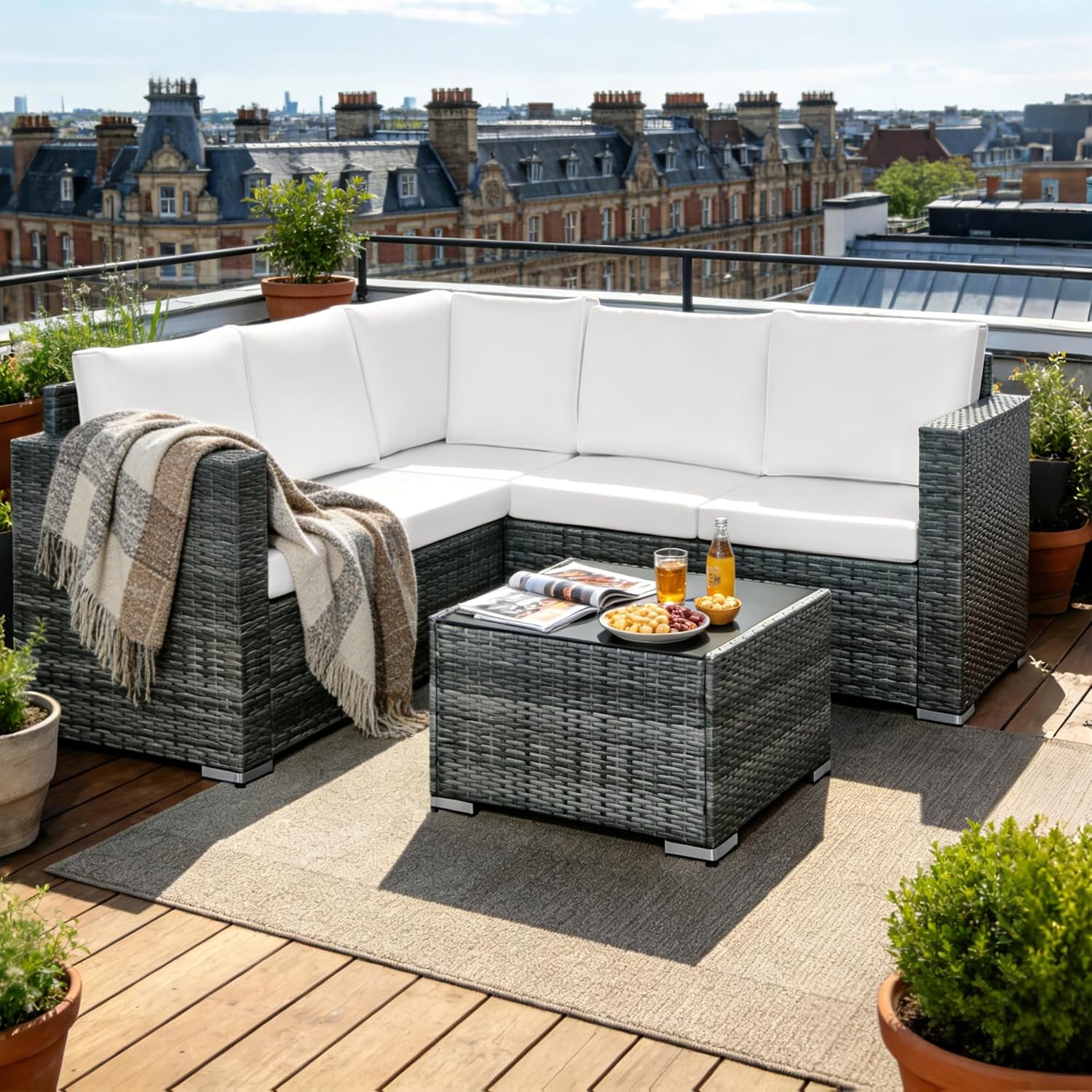 rattanstar Rattan Garden Furniture Set, 5-Seater - Corner Sofa with Glass-Top Coffee Table