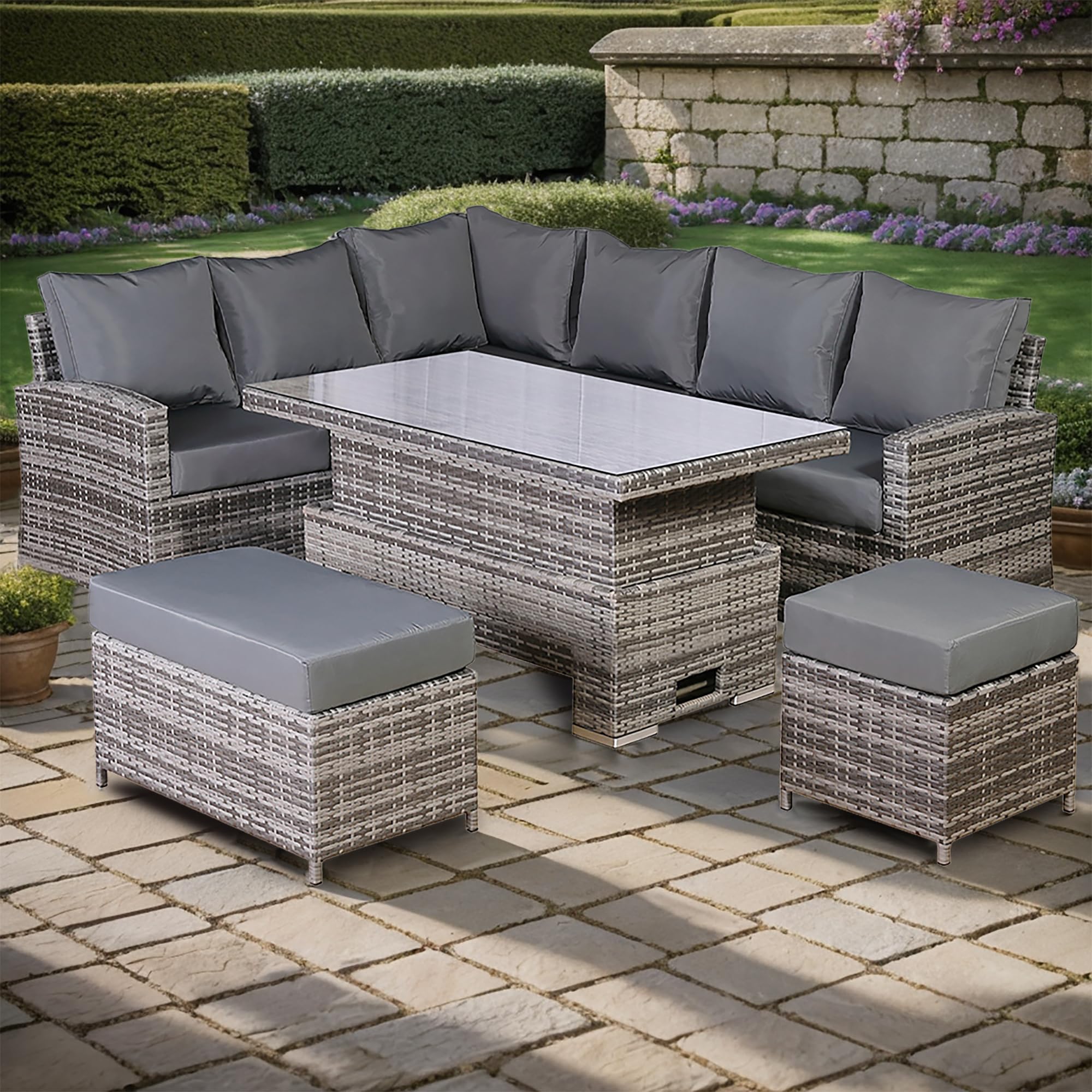 Club Rattan Harmony Corner Sofa Set, 9-Seater - High Back, Left Hand, Rising Table, Grey