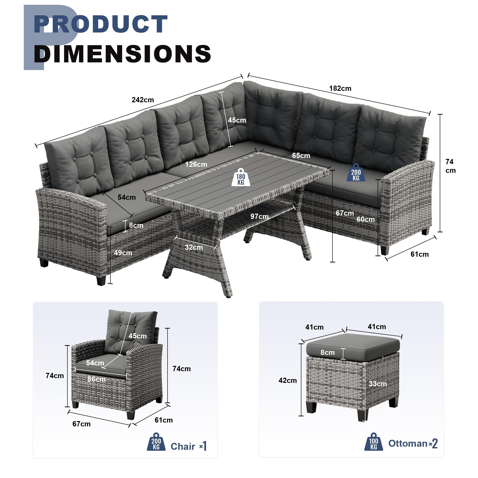 Amopatio Rattan Garden Corner Sofa Set, 9-Seater - WPC Dining Table & Storage Shelf, Grey