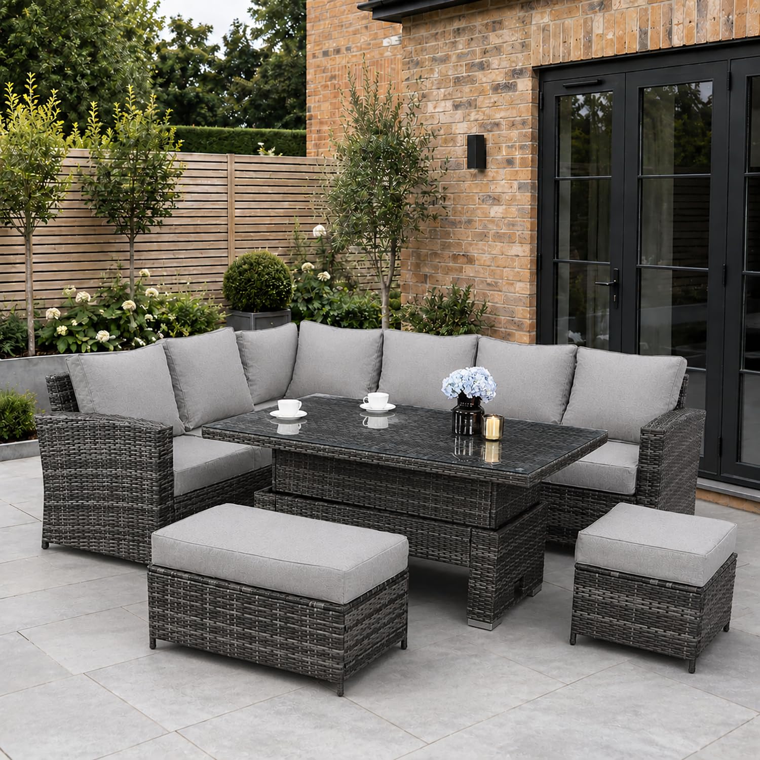 Goods Emporium Rattan Garden Furniture Set, 9-Seater - Height-Adjustable Rising Table, Dark Grey